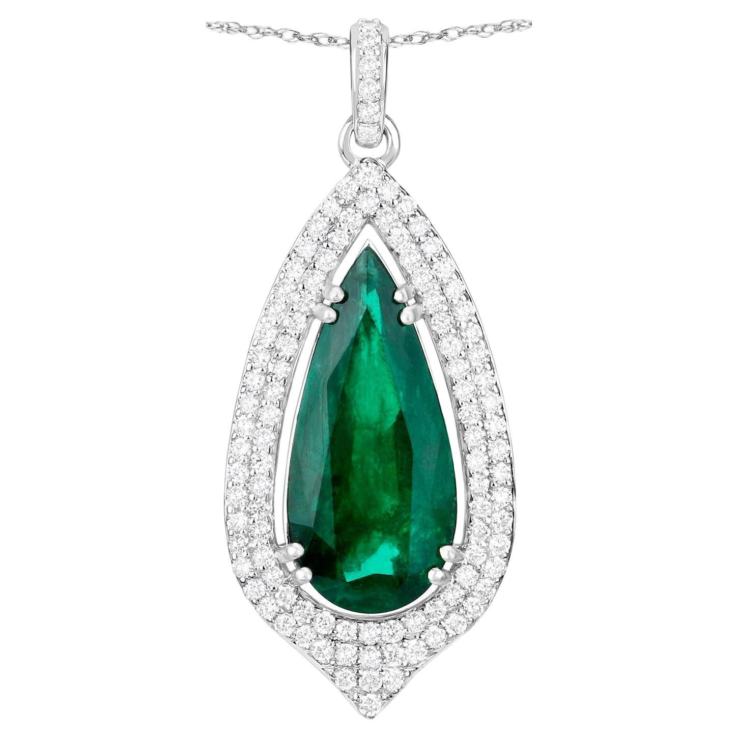 IGI Certified Zambian Emerald Necklace With Diamonds 5.37 Carats 14K White Gold For Sale