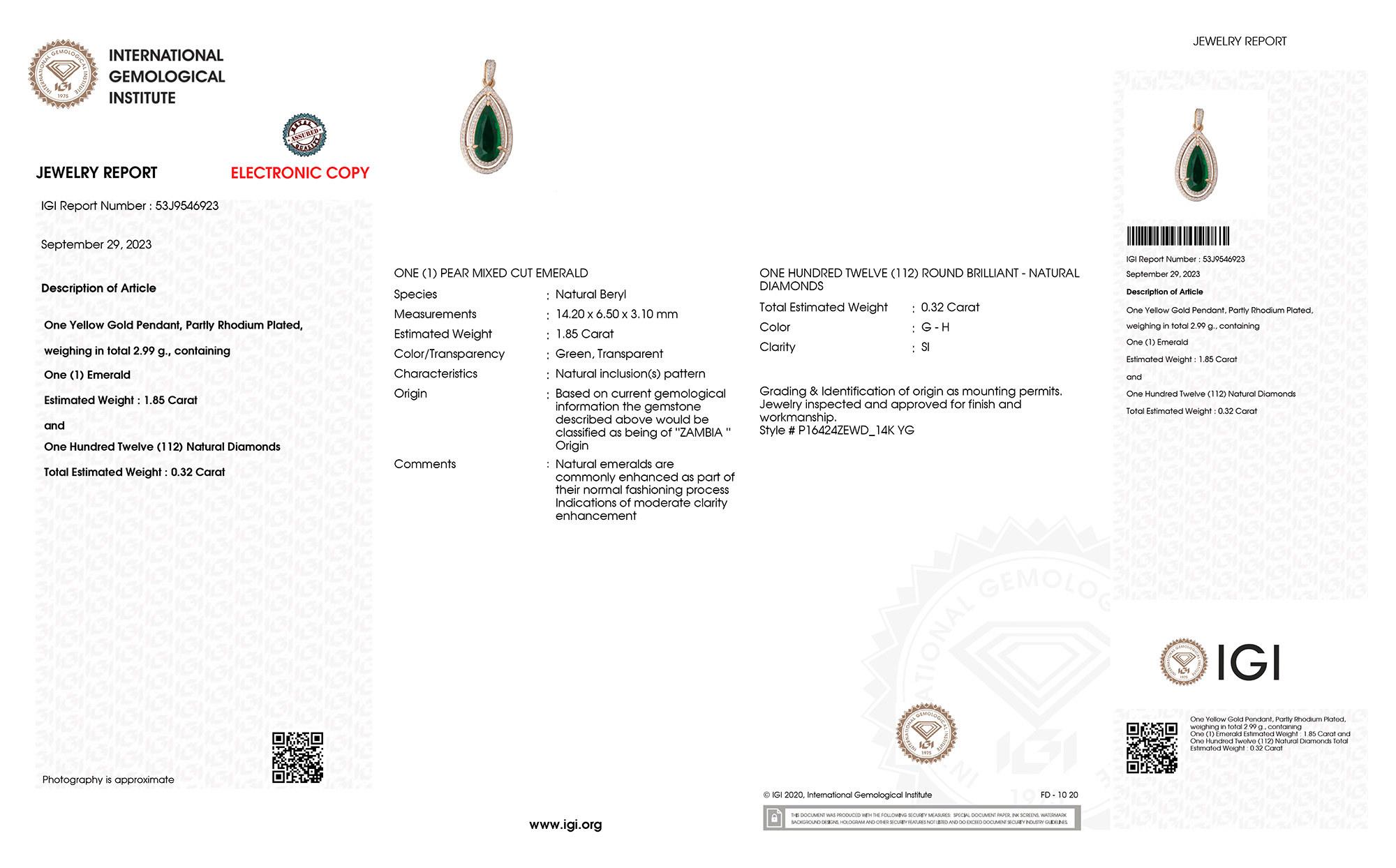 Contemporary IGI Certified Zambian Emerald Pendant Necklace 2.17 Carats 14K Yellow Gold