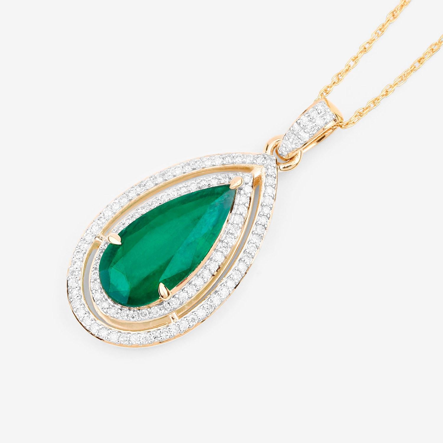 Pear Cut IGI Certified Zambian Emerald Pendant Necklace 2.17 Carats 14K Yellow Gold