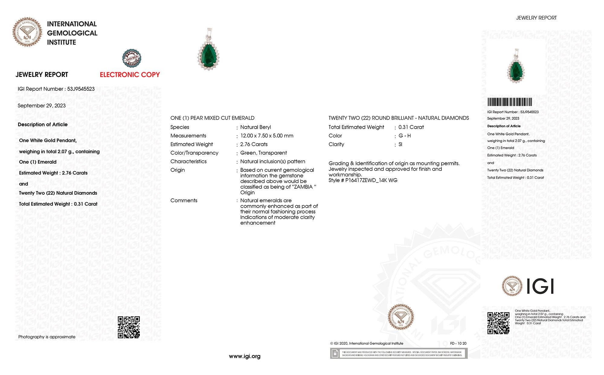 Contemporary IGI Certified Zambian Emerald Pendant Necklace 3.07 Carats 14K White Gold For Sale