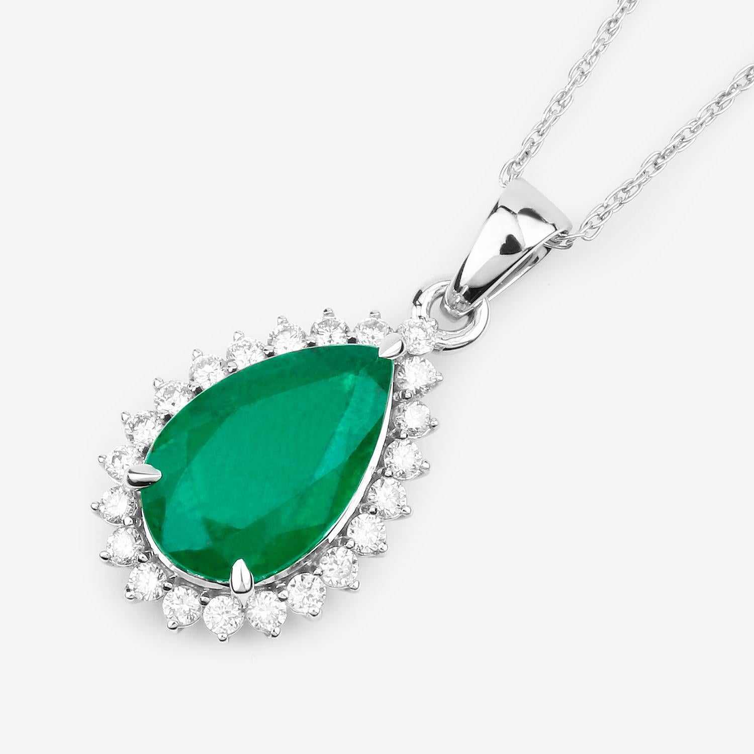 Pear Cut IGI Certified Zambian Emerald Pendant Necklace 3.07 Carats 14K White Gold