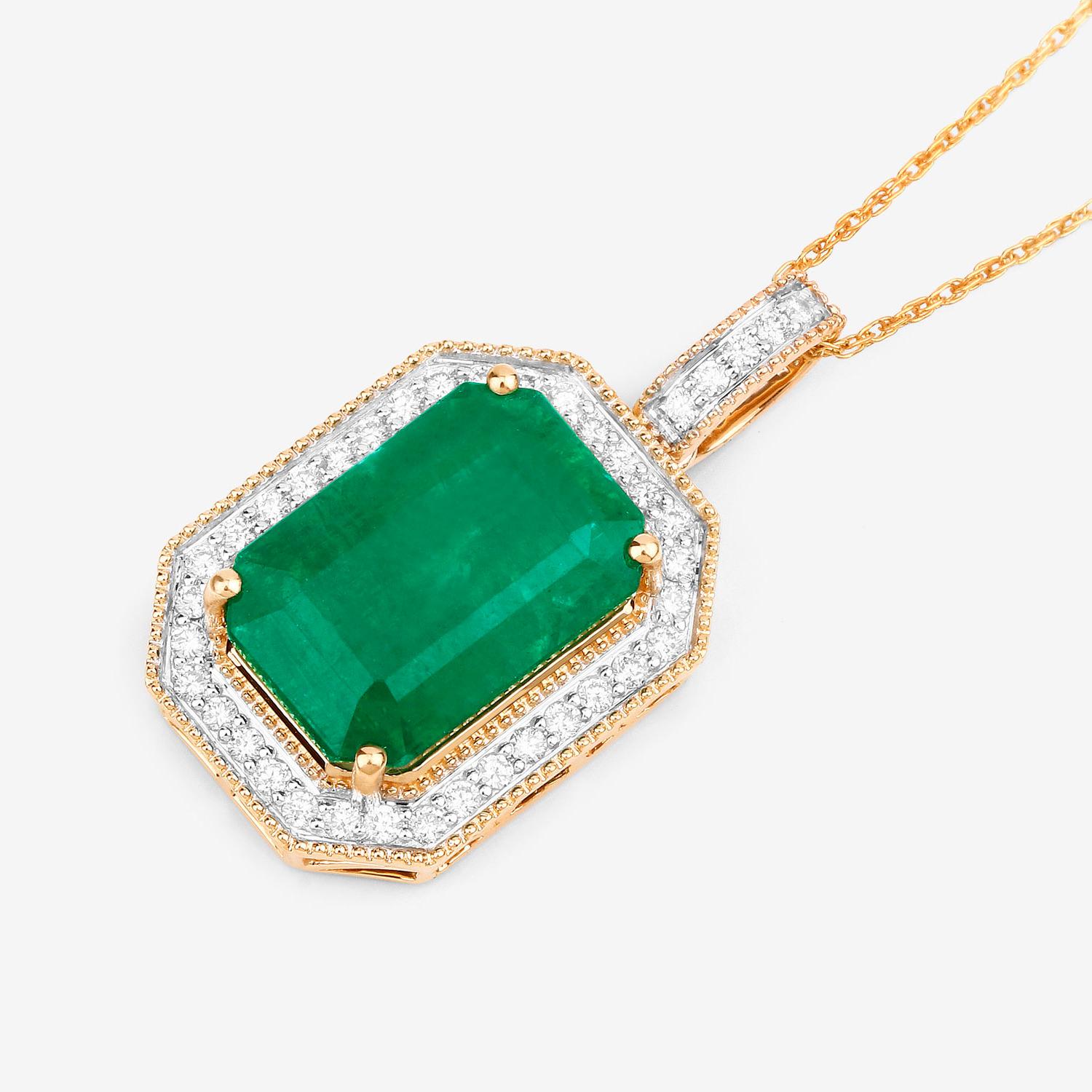 Emerald Cut IGI Certified Zambian Emerald Pendant Necklace Diamond Setting Carats 14K Gold For Sale