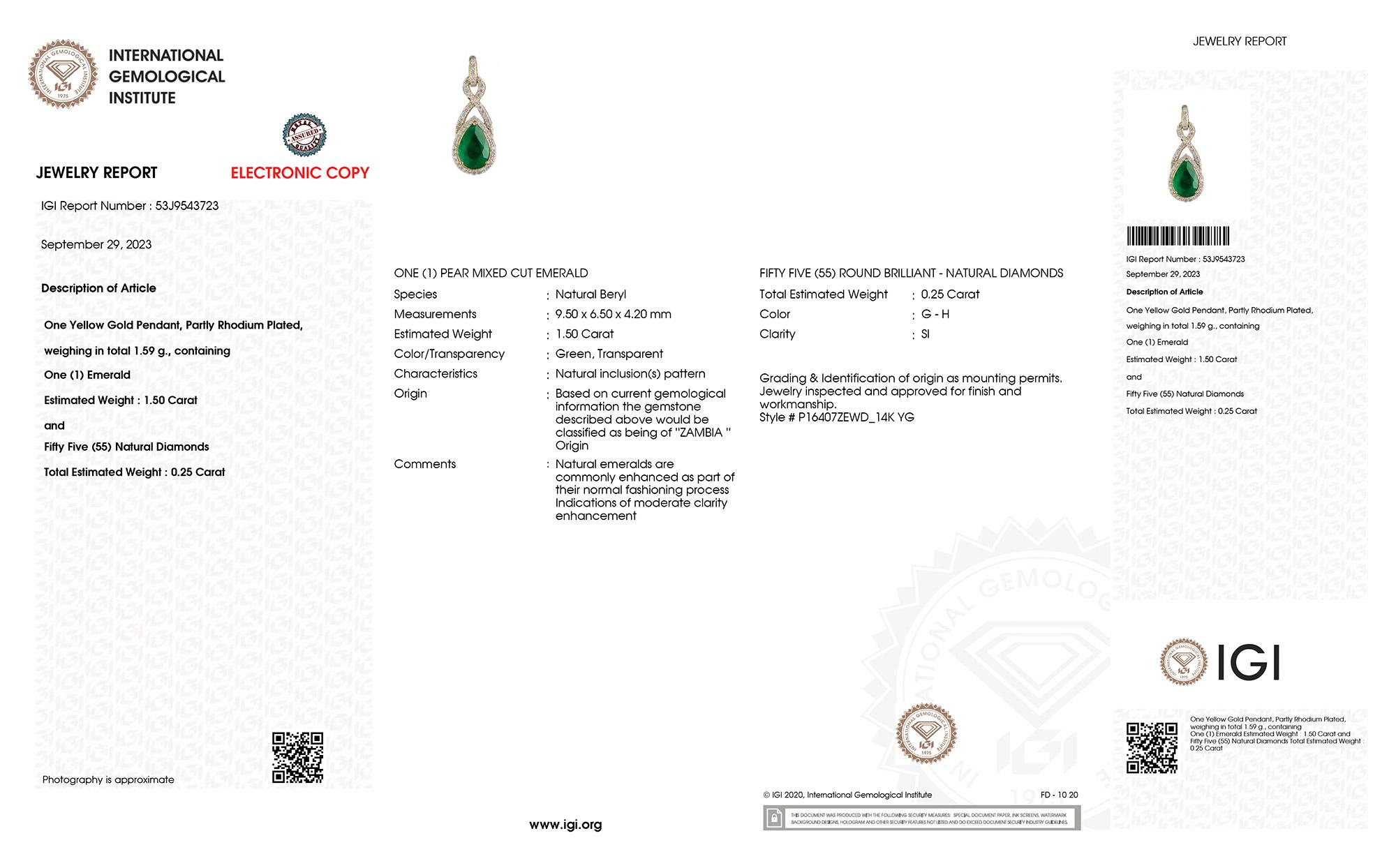 Contemporary IGI Certified Zambian Emerald Pendant Necklace With Diamonds 1.75 Carats 14K For Sale