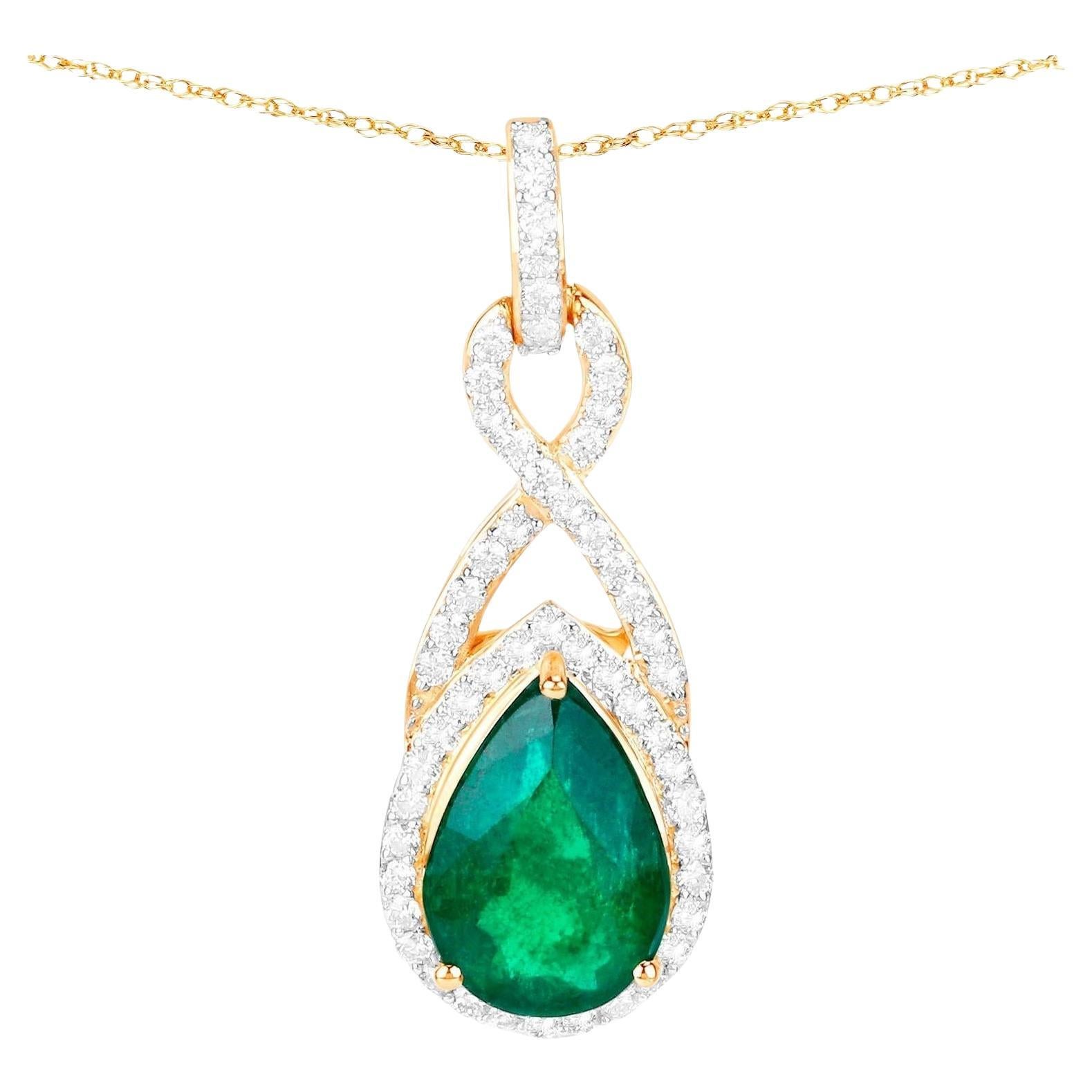 IGI Certified Zambian Emerald Pendant Necklace With Diamonds 1.75 Carats 14K For Sale