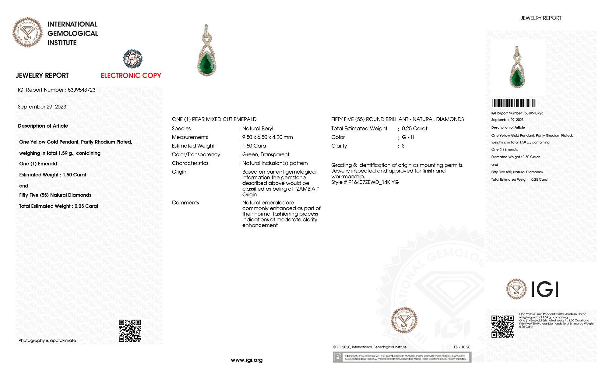 IGI Certified Zambian Emerald Pendant Necklace With Diamonds 1.75 Carats 14K Yel In Excellent Condition For Sale In Laguna Niguel, CA