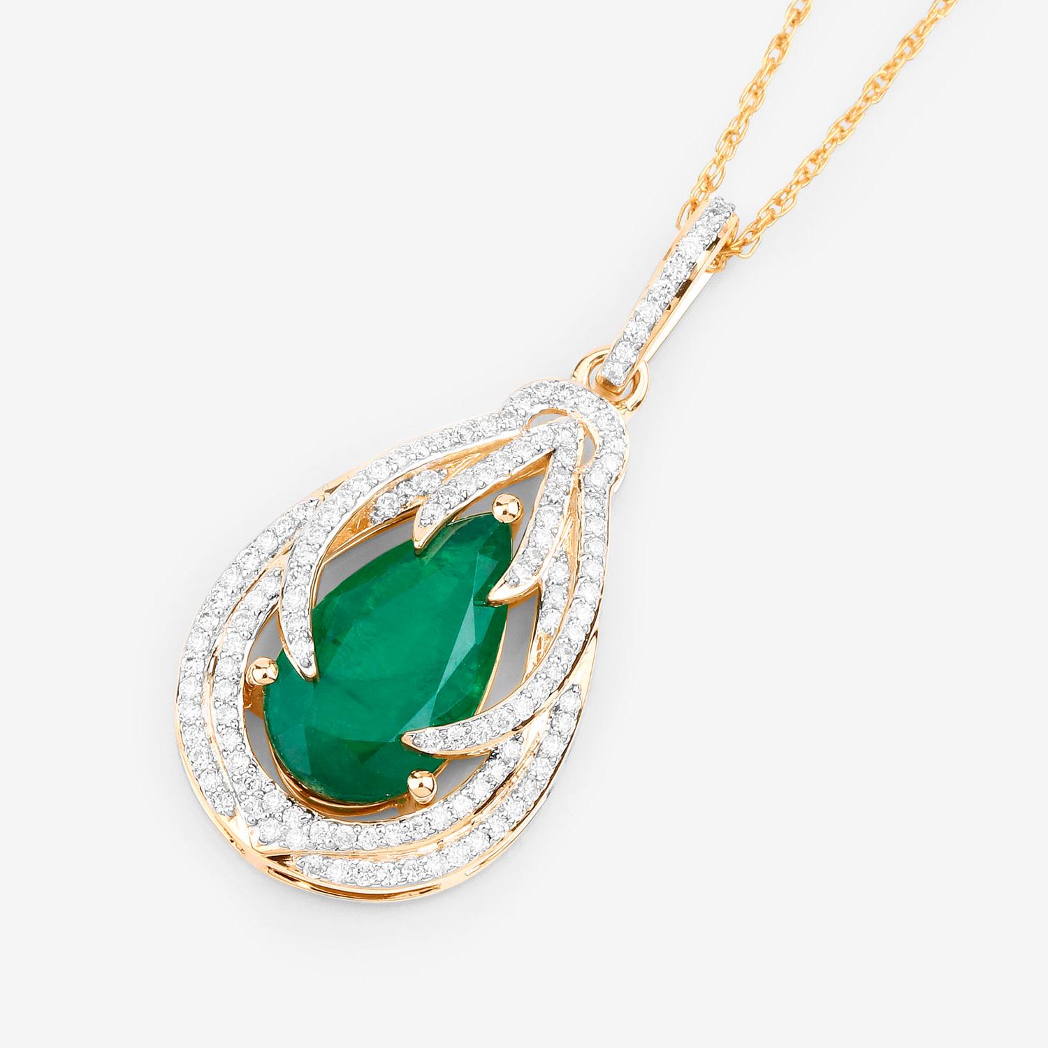 Pear Cut IGI Certified Zambian Emerald Pendant Necklace With Diamonds 2.71 Carats 14K Yel For Sale