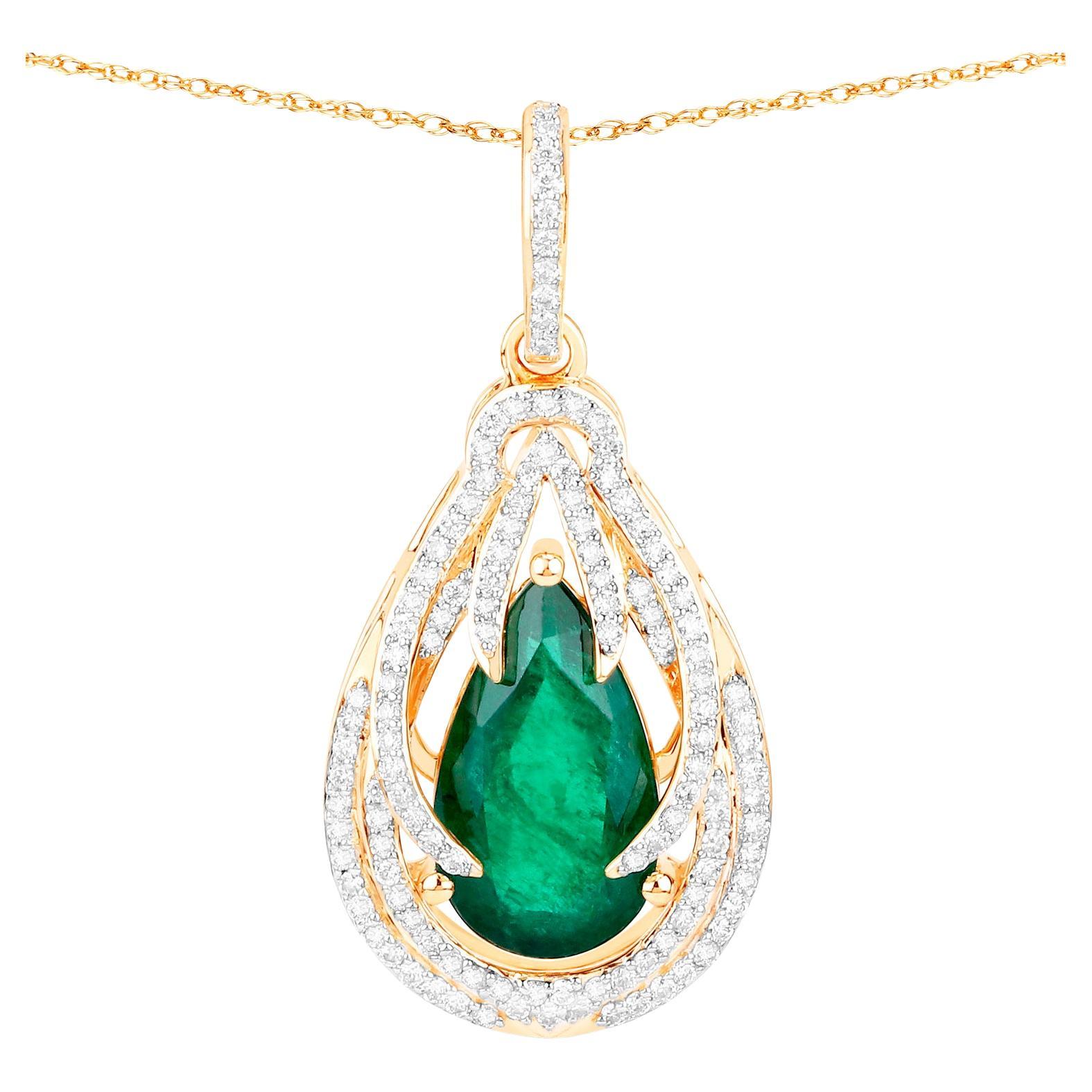 IGI Certified Zambian Emerald Pendant Necklace With Diamonds 2.71 Carats 14K Yel For Sale