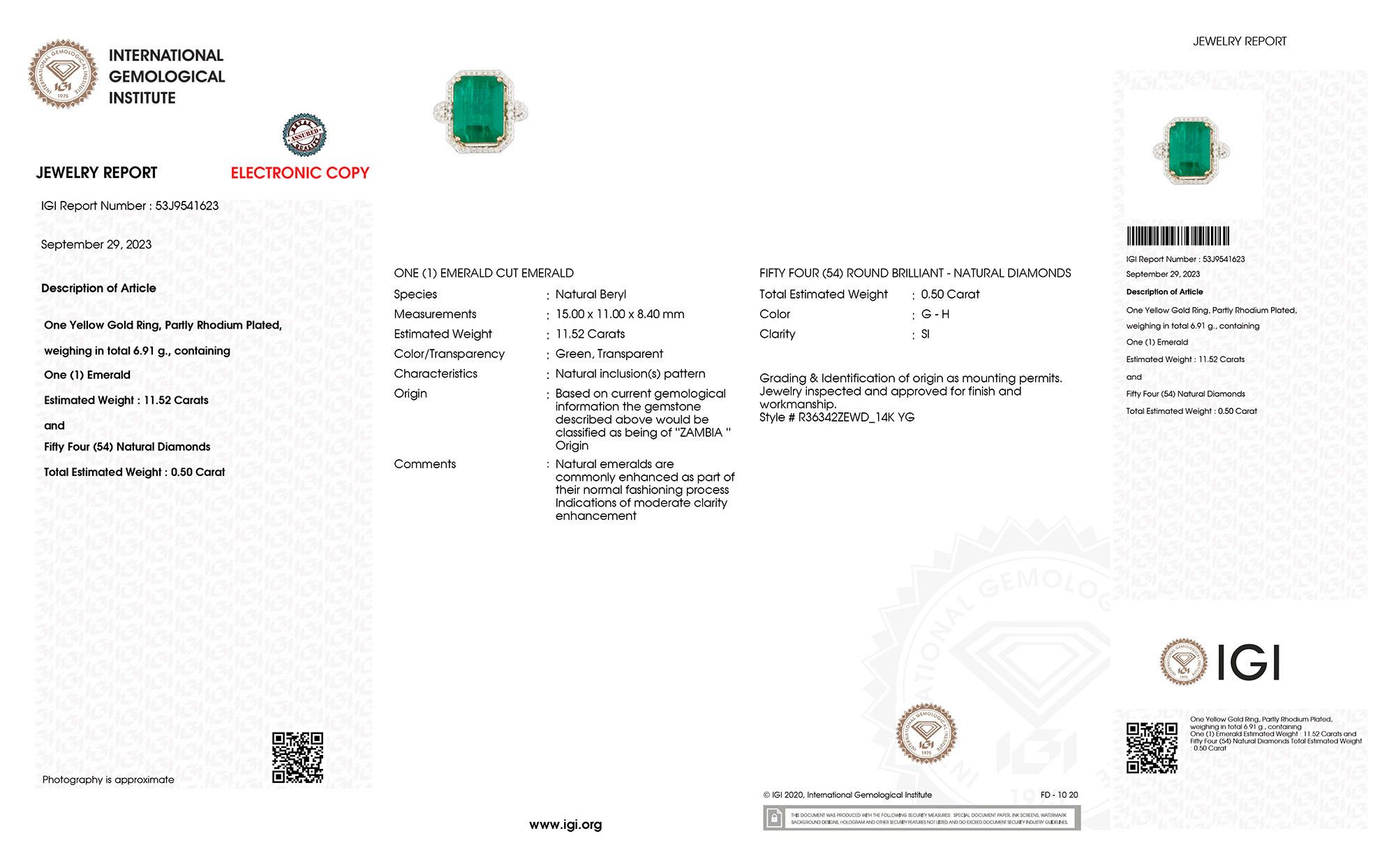 IGI-zertifizierter sambischer Smaragdring mit 12 Karat 14 Karat Gelbgold und Diamantfassung (Zeitgenössisch) im Angebot