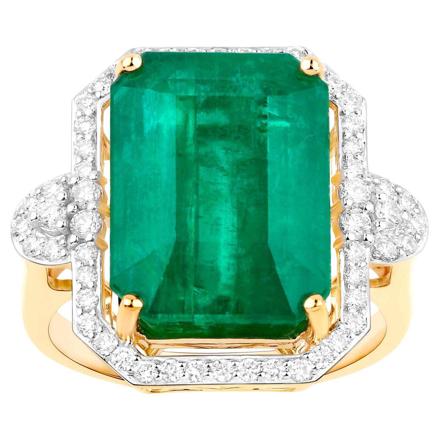 IGI-zertifizierter sambischer Smaragdring mit 12 Karat 14 Karat Gelbgold und Diamantfassung im Angebot