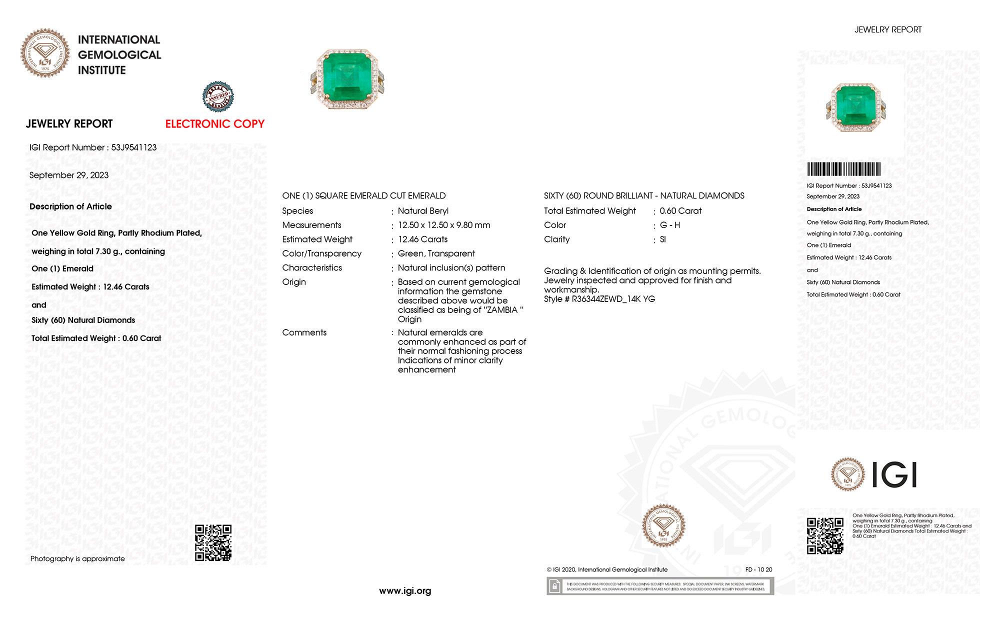 Contemporary IGI Certified Zambian Emerald Ring With Diamonds 13.06 Carats 14K Yellow Gold For Sale