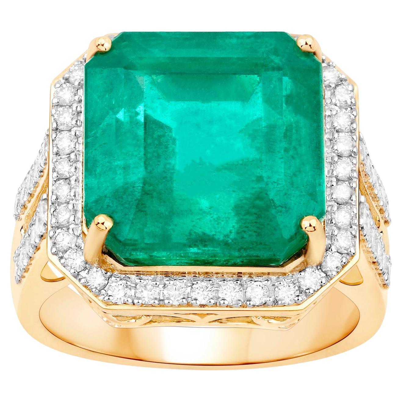 IGI Certified Zambian Emerald Ring With Diamonds 13.06 Carats 14K Yellow Gold For Sale