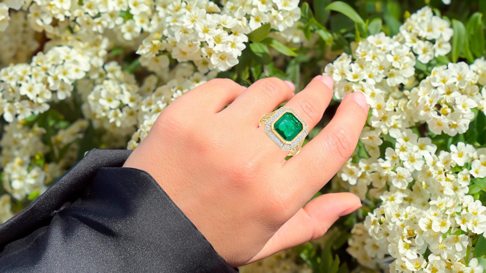 It comes with the IGI Certificate
All Gemstones are Natural
Zambian Emerald = 4.19 Carat
66 Diamonds = 0.38 Carats
Metal: 14K White Gold
Ring Size: 7* US
*It can be resized complimentary