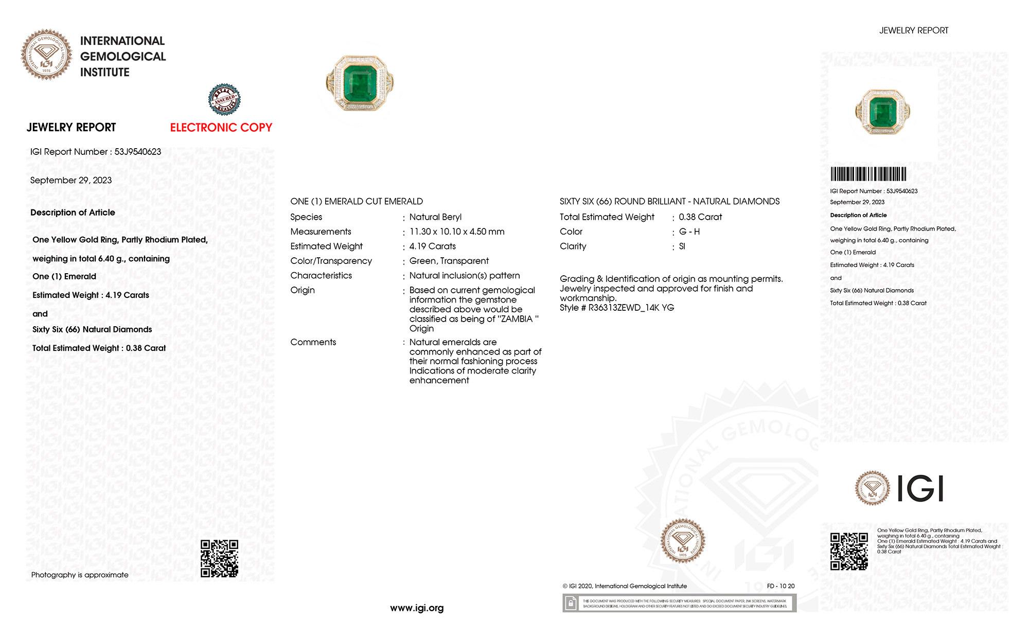 Contemporary IGI Certified Zambian Emerald Ring With Diamonds 4.57 Carats 14K Yellow Gold For Sale