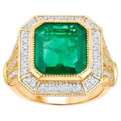 IGI Certified Zambian Emerald Ring With Diamonds 4.57 Carats 14K Yellow Gold