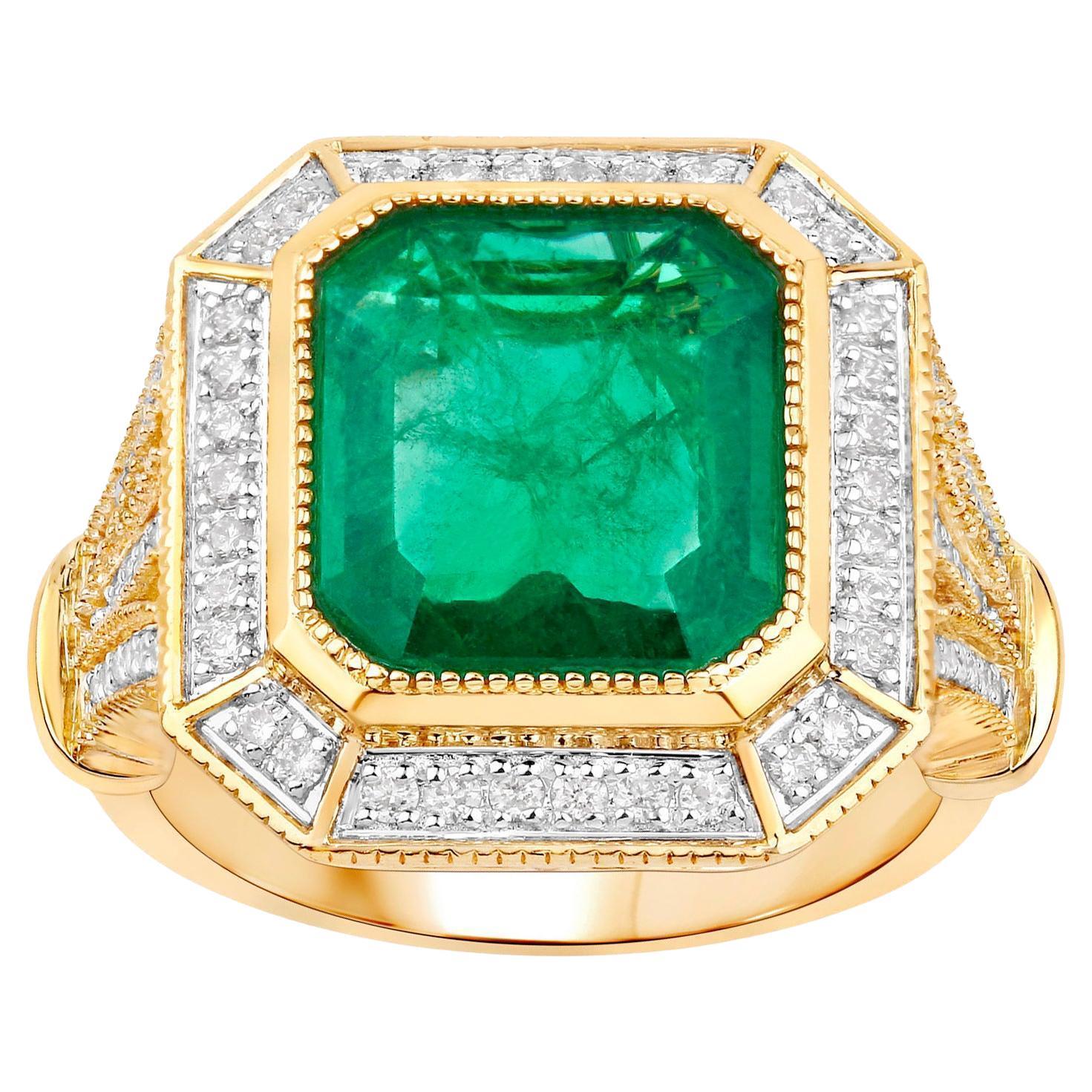IGI Certified Zambian Emerald Ring With Diamonds 4.57 Carats 14K Yellow Gold