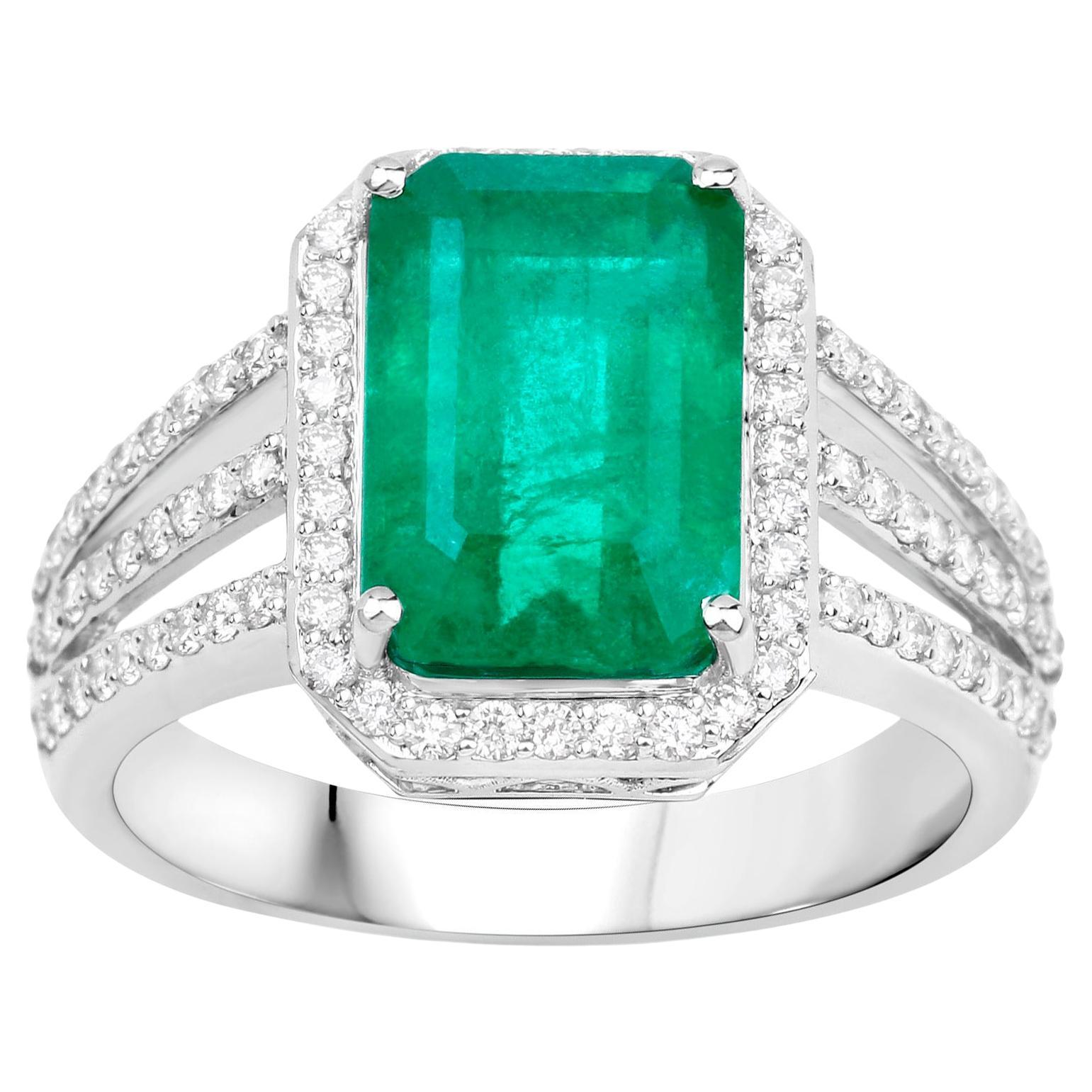 IGI Certified Zambian Emerald Ring With Diamonds 4.61 Carats 14K White Gold