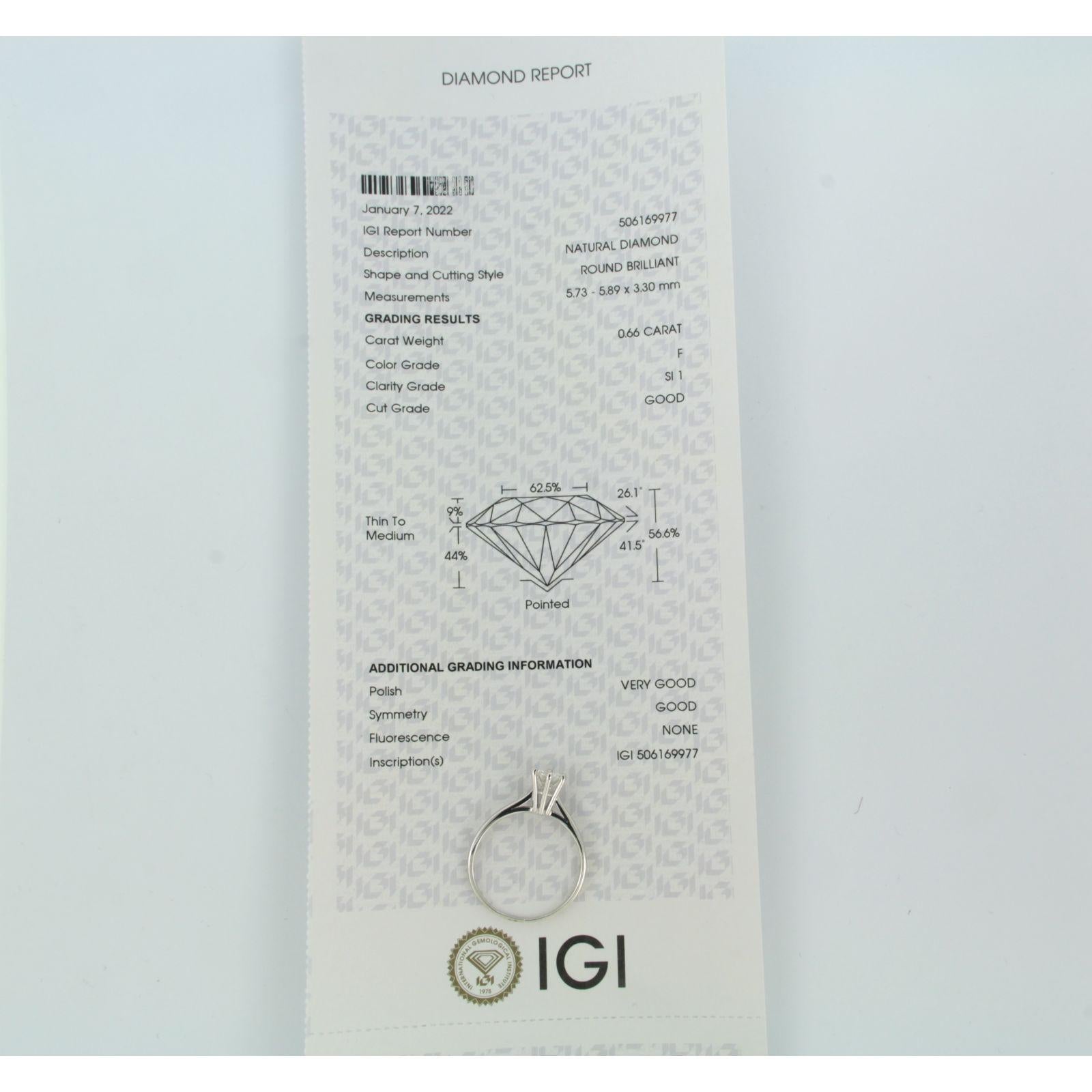 Anillo solitario de oro blanco de 14k engastado con un diamante talla brillante de hasta 0,66 ct - F - SI1 - talla US 7,5 - EU 17,75 (56)

Descripción detallada

La parte superior del anillo mide 6,7 mm de ancho por 7,4 mm de alto.

Talla del anillo