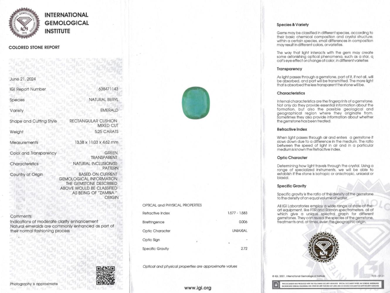Bague en or blanc 18 carats certifiée IGI et GIA avec diamant émeraude verte coussin de 5,25 carats en vente 5
