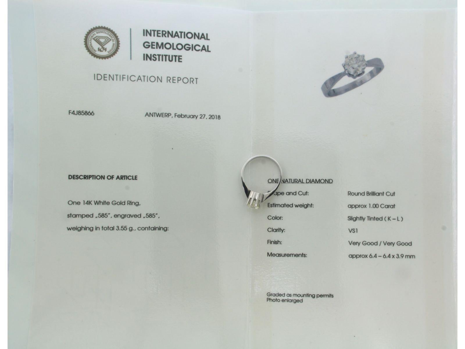 Modern IGI JEWEL REPORT solitaire ring with brillint cut diamonds up to 1.00ct 14k gold For Sale