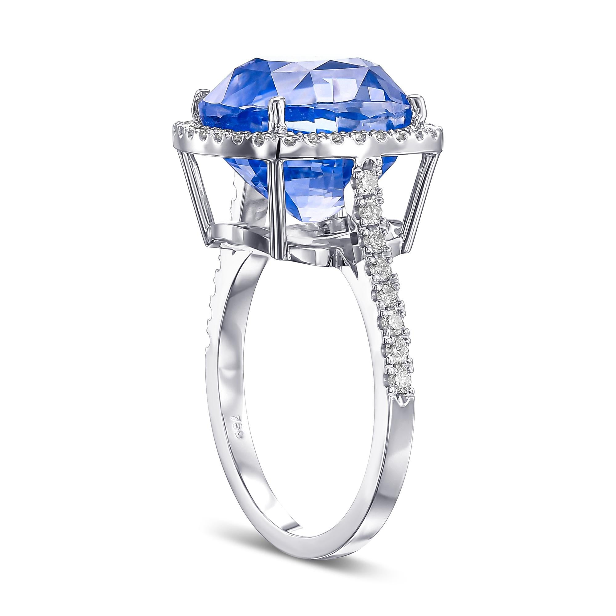 Art Deco IGI No Heat 12.11 Ct Sapphire & 0.60 Ct Diamonds Halo - 18kt. White Gold Ring