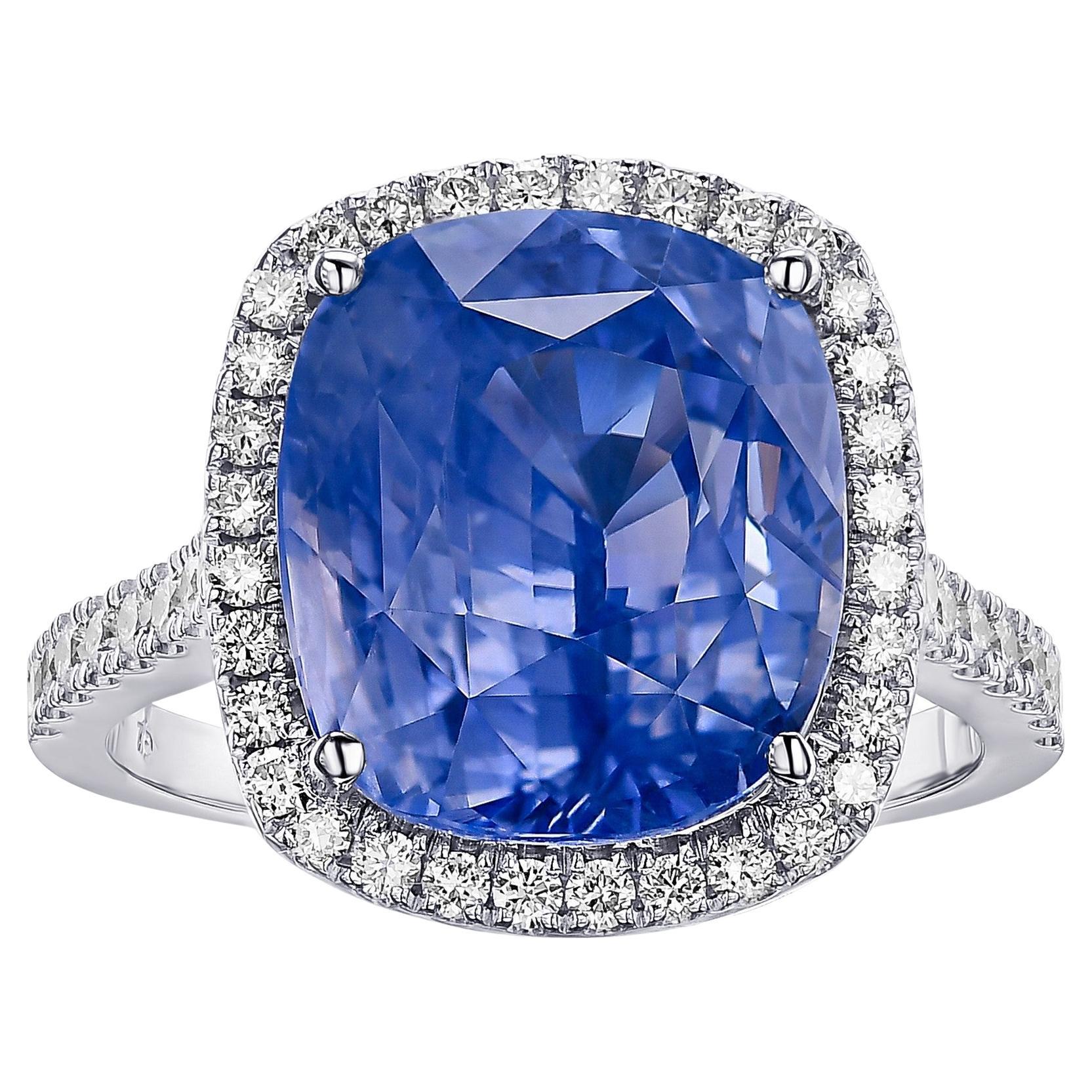 IGI No Heat 12.11 Ct Sapphire & 0.60 Ct Diamonds Halo - 18kt. White Gold Ring