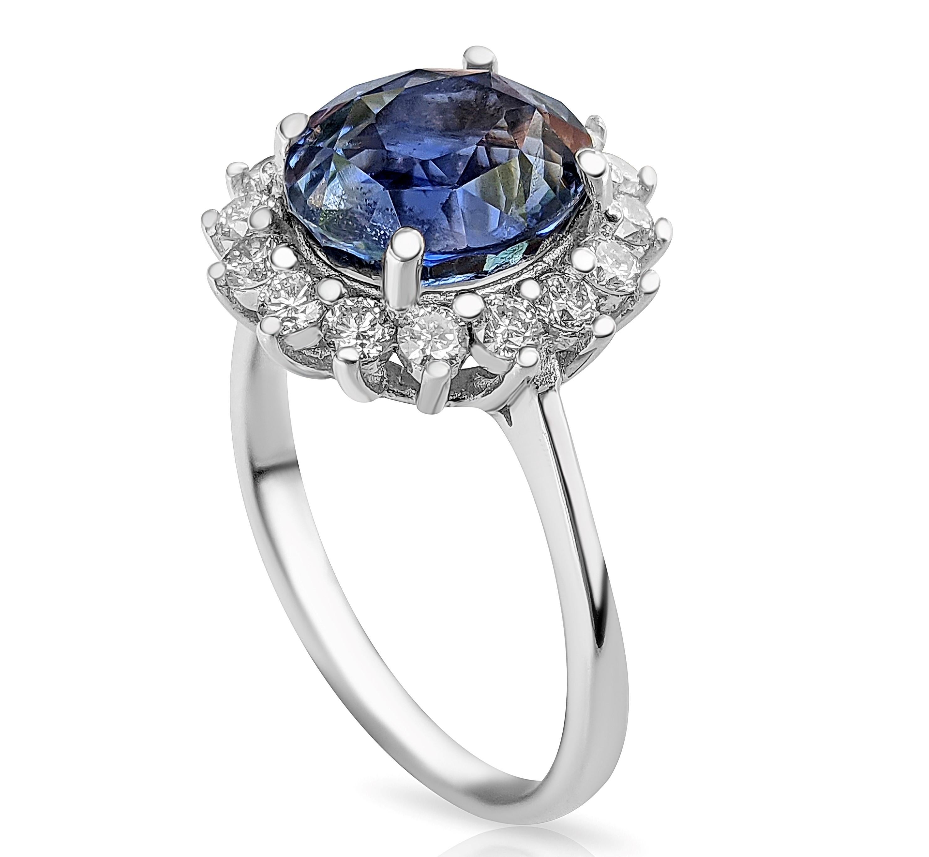 High quality sapphires of this size and clarity are very rare and sough after. 

Ring can be sized free of charge prior to shipping out.    

Center Natural Sapphire:
Weight: 4.11 carat
Color: Violetish Blue 
Shape: Oval Mixed Cut
NO HEAT