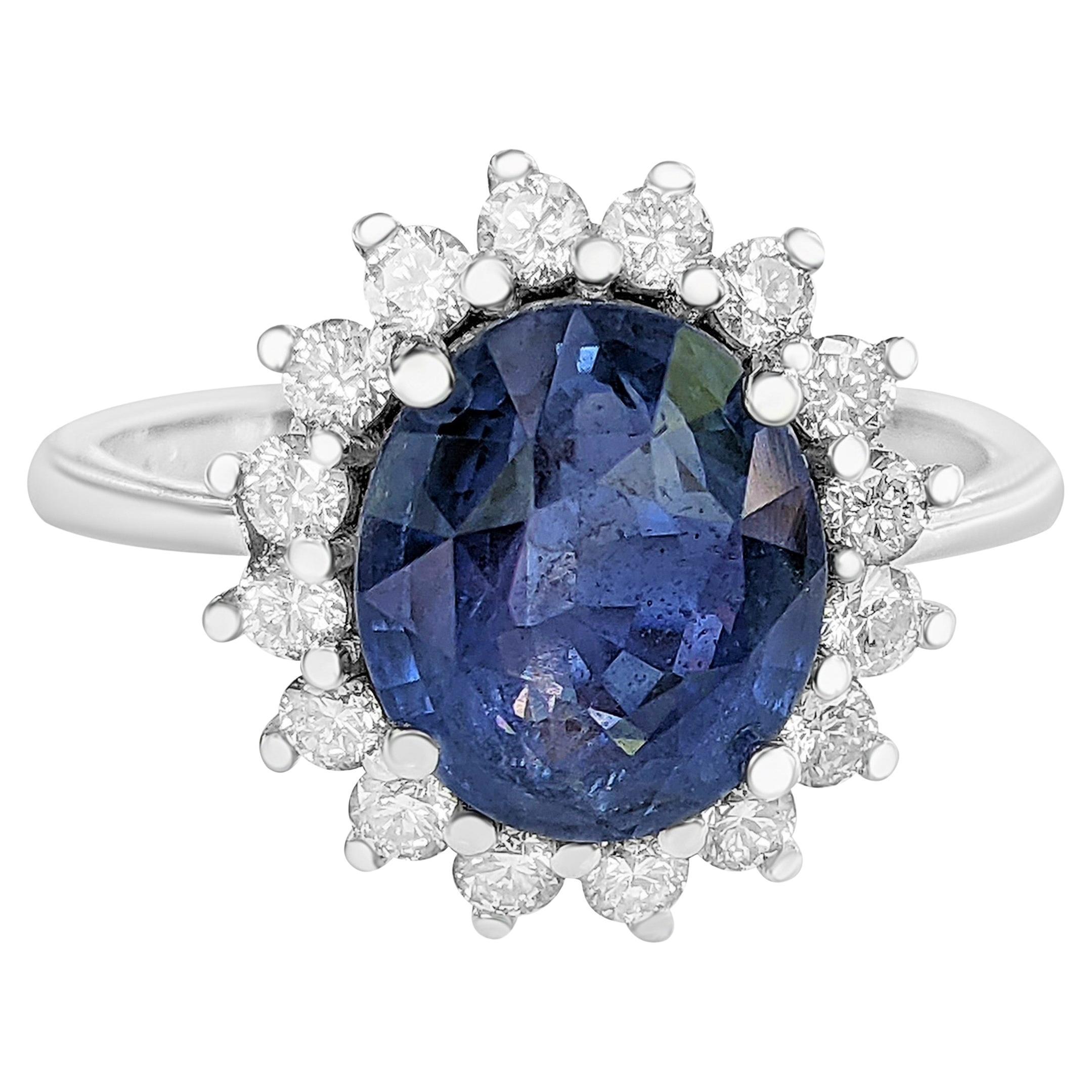 IGI No Heat 4.11 Carat Sapphire and 0.50 Ct Diamonds, 18 Kt. White Gold, Ring