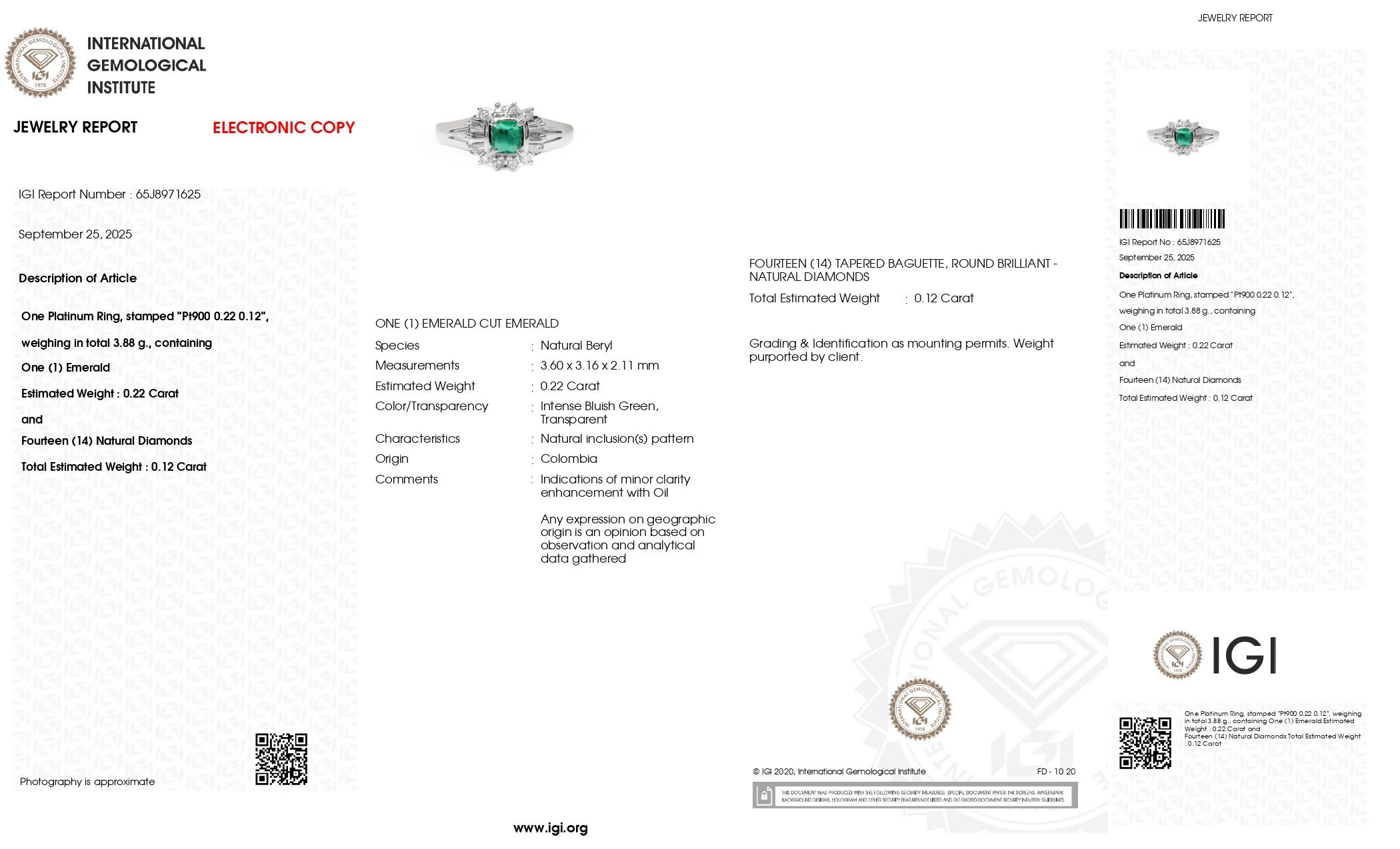 IGI Anillo de compromiso de platino de 0.22 ct Esmeralda colombiana antigua estilo Art Decó en venta 3