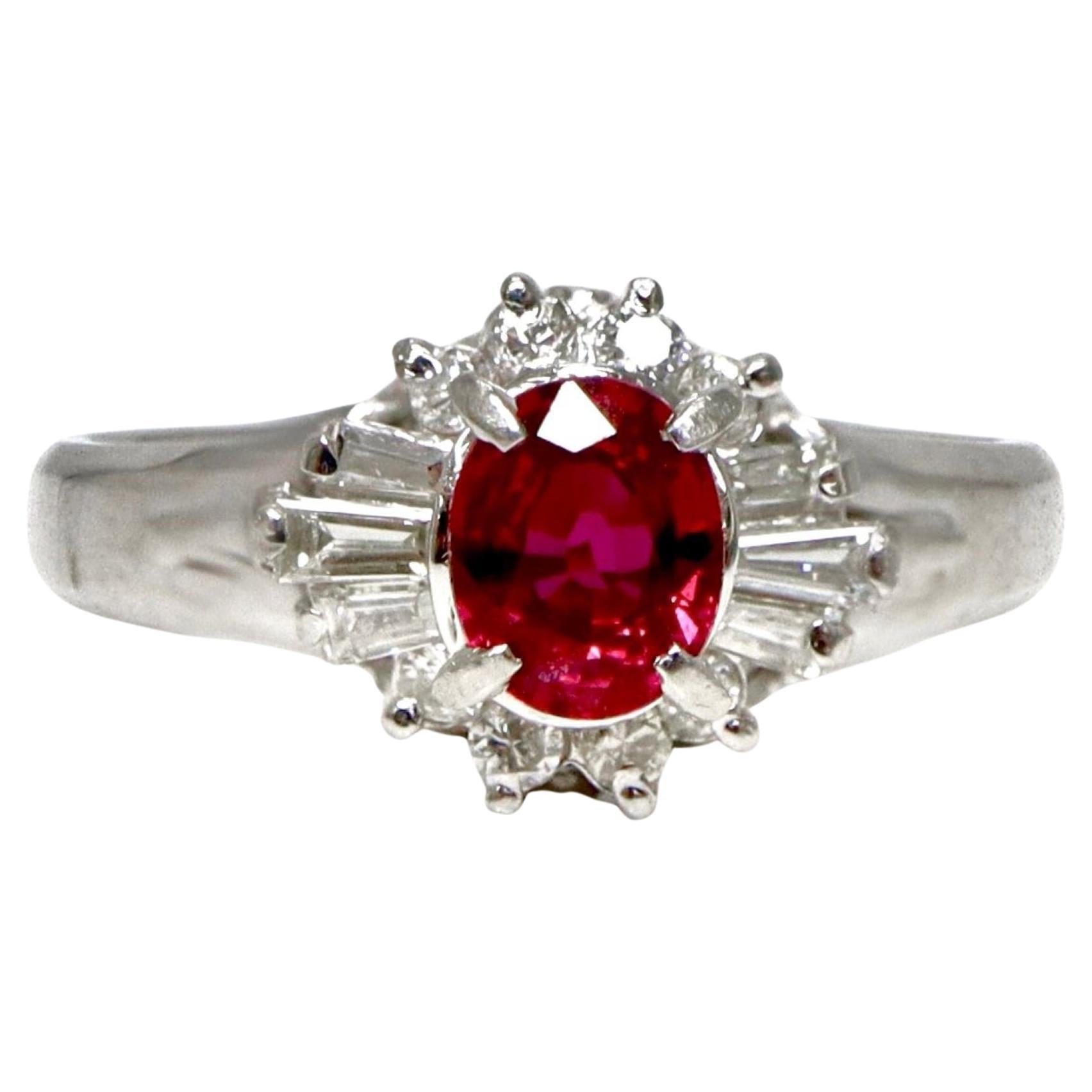 Anello di fidanzamento in platino IGI con rubino rosso vivo da 0,43 carati in stile antico Art Deco in vendita