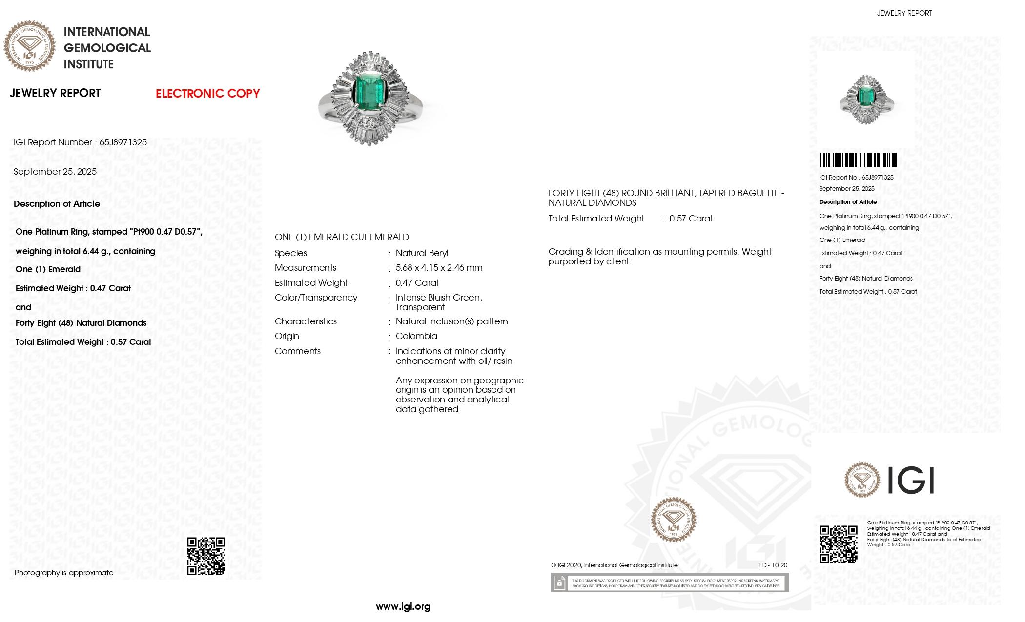 Anello di fidanzamento in platino IGI con smeraldo Colombia da 0.47 carati in stile antico Art Deco in vendita 2