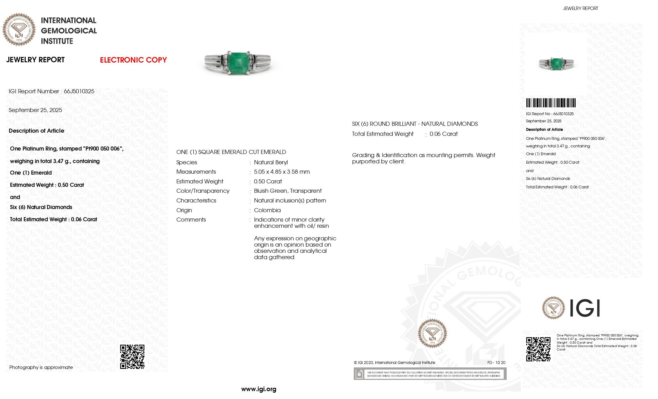 Esmeralda IGI Platino 0,50 ct Colombia  Anillo de compromiso Contemporáneo en venta