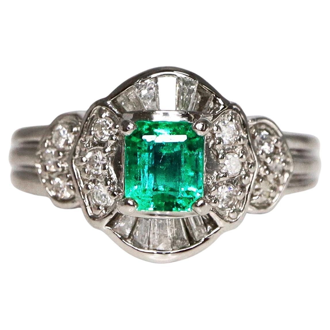 IGI Platinum 0.58 ct Colombia Emerald Antique Art Deco Style Engagement Ring