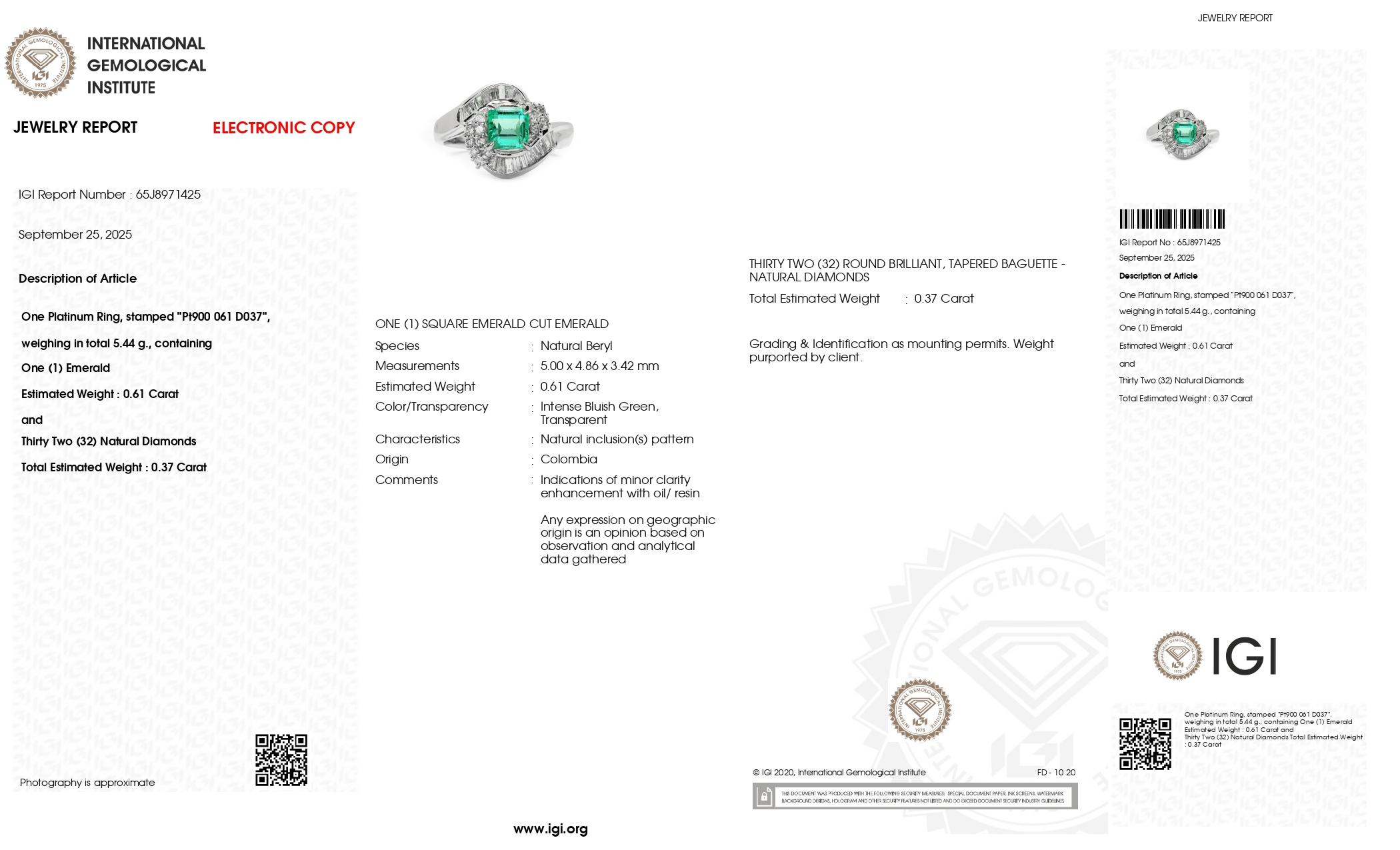 Bague de fiançailles en platine IGI 0.61 ct Colombia Emerald Antique Art Deco Style en vente 2