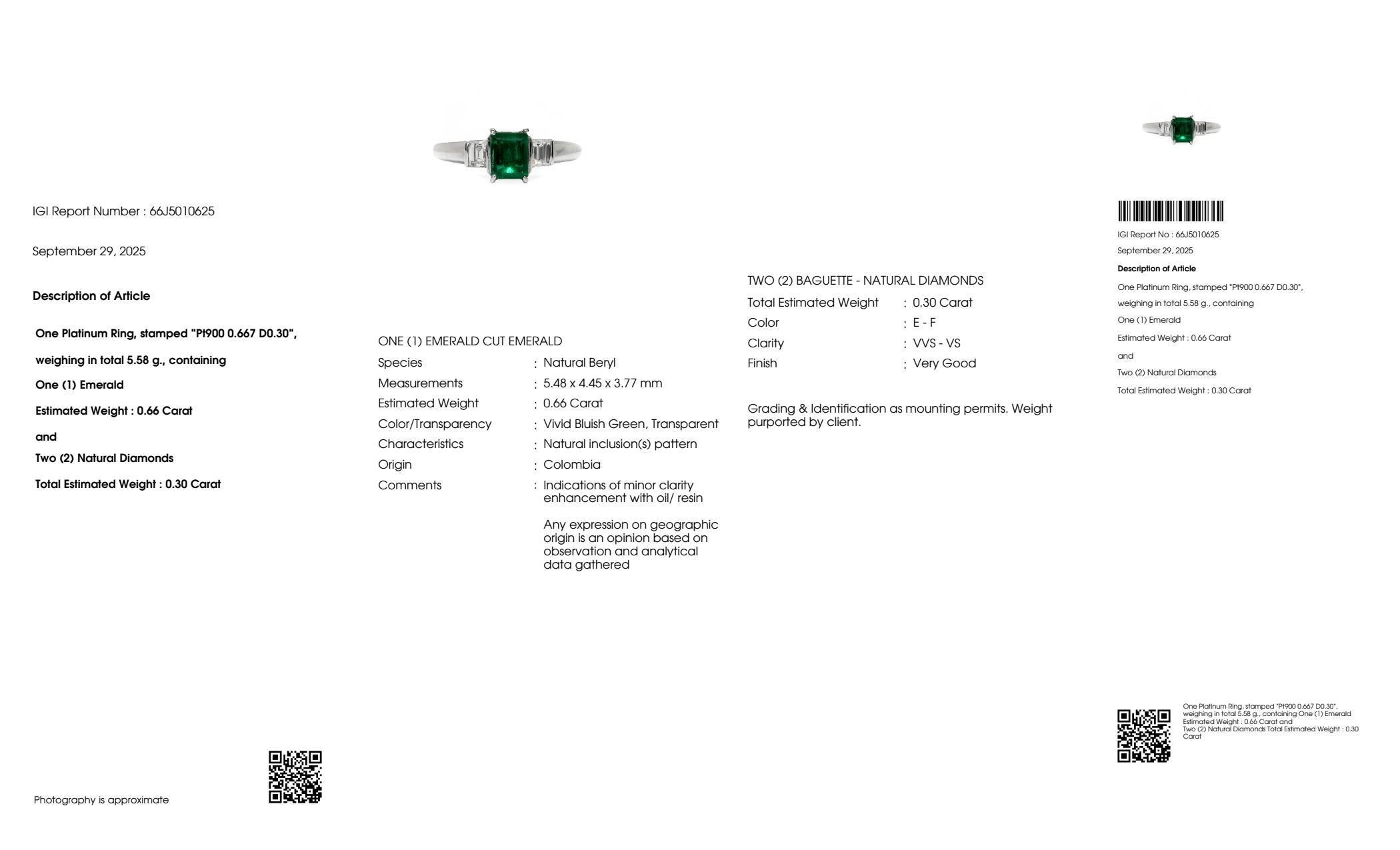 IGI Platino 0,66 ct Esmeralda Verde Muzo Colombia  Anillo de compromiso en venta 2