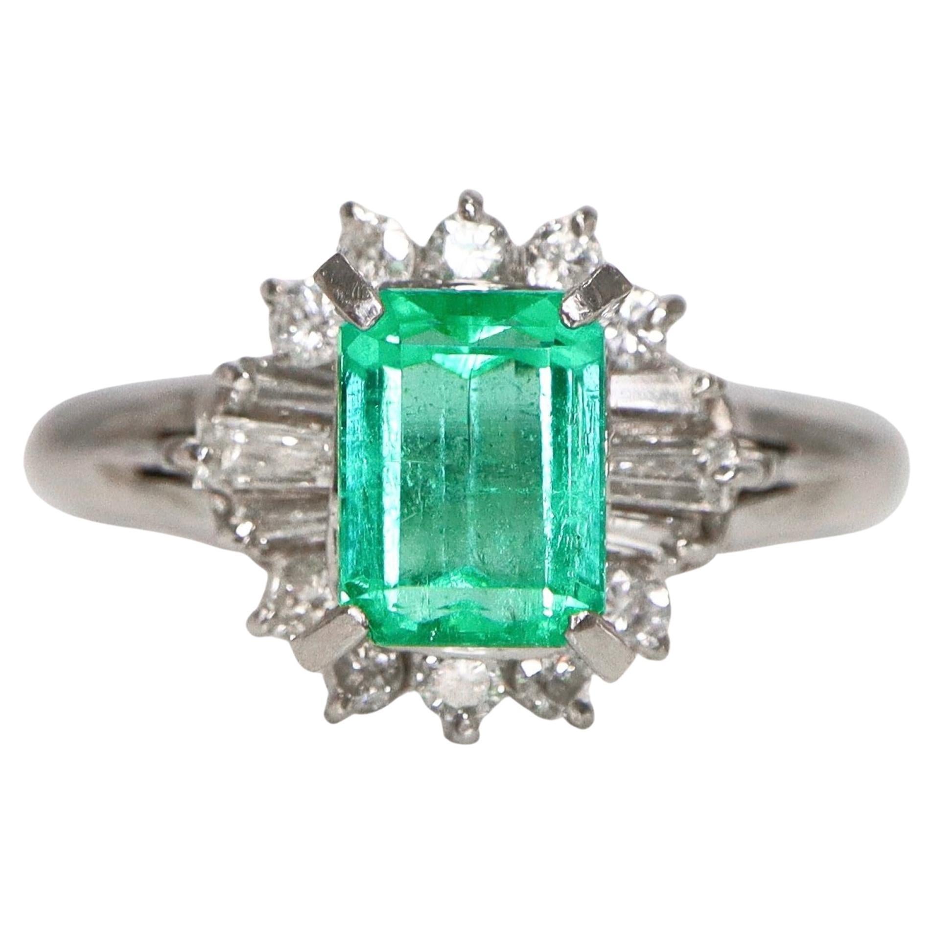 Bague de fiançailles en platine IGI 1.15 ct Colombia Emerald Antique Art Deco Style