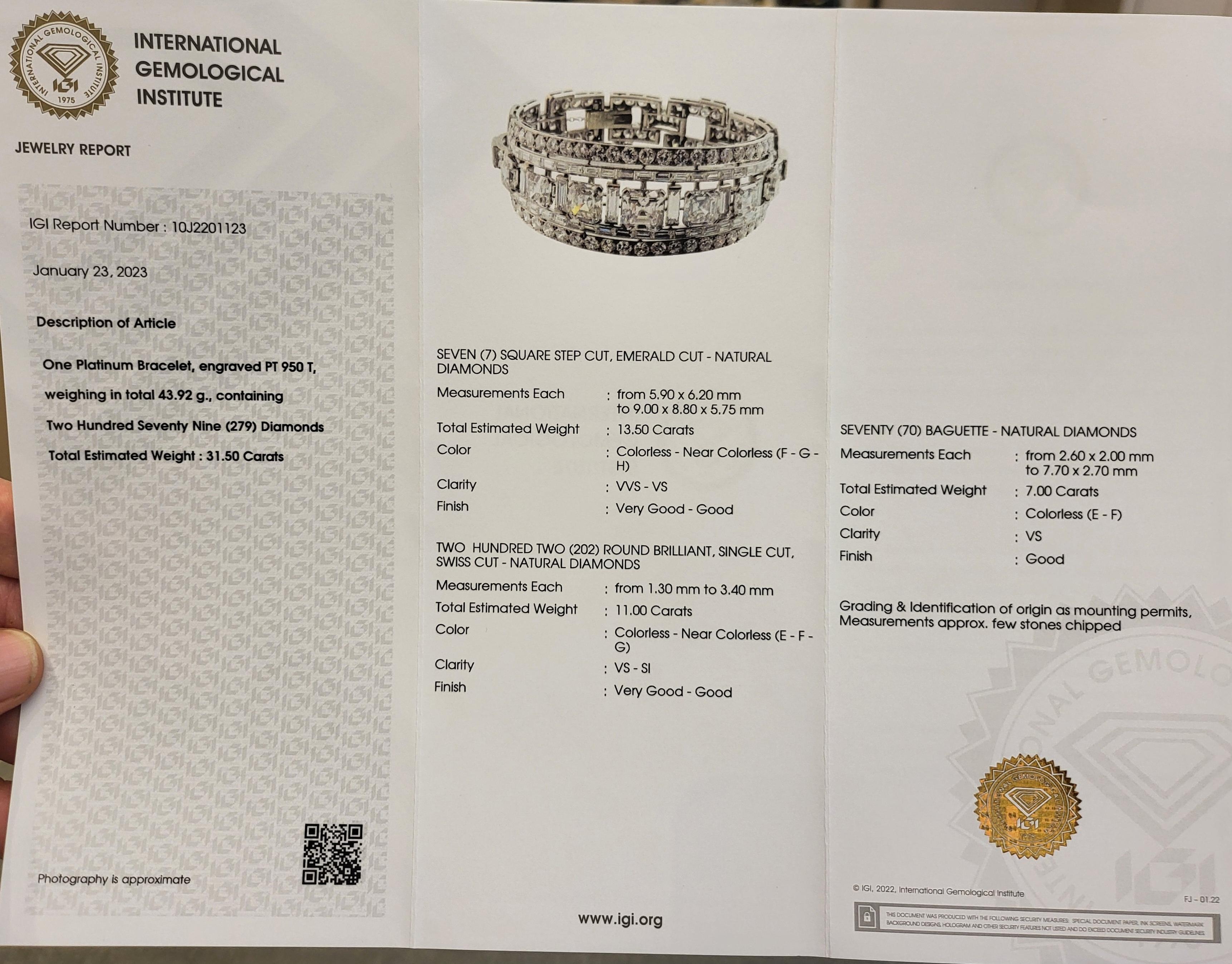 IGI Platinum Ascher Cut 31.5 ct Diamonds Cuff Bracelet to H.M.Qaboos Bin Said For Sale 2