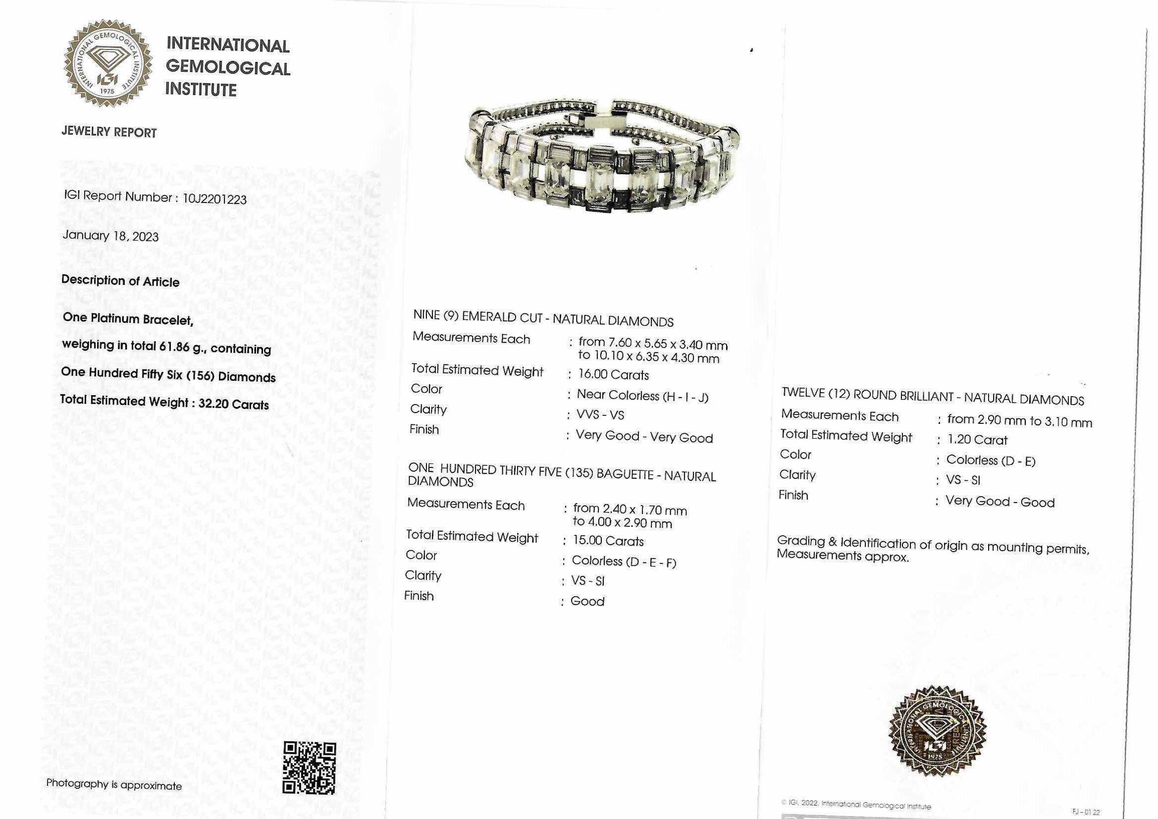 IGI Platin-Armband mit 32.2 Karat Diamanten im Smaragdschliff seiner Majestät Qaboos Bin Said im Zustand „Hervorragend“ im Angebot in Antwerp, BE