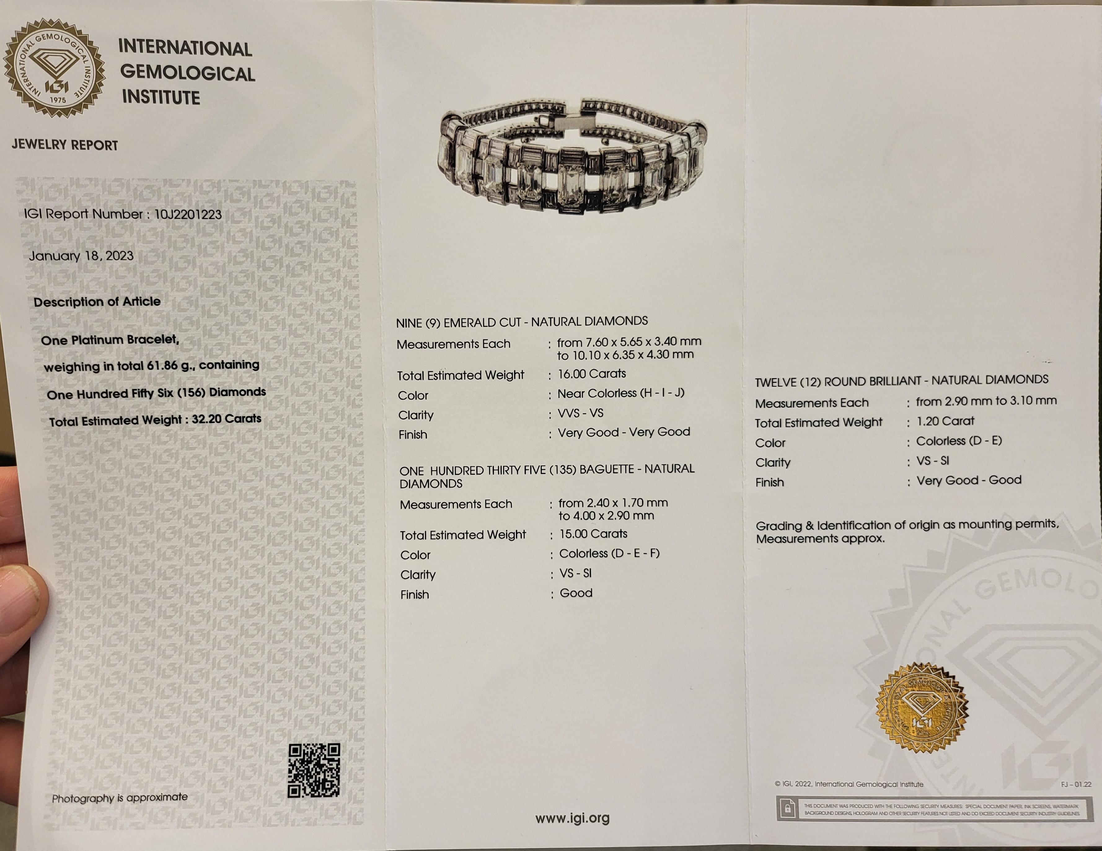 IGI Platinum Emerald Cut 32.2 Ct Diamond Bracelet to His Majesty Qaboos Bin Said For Sale 4