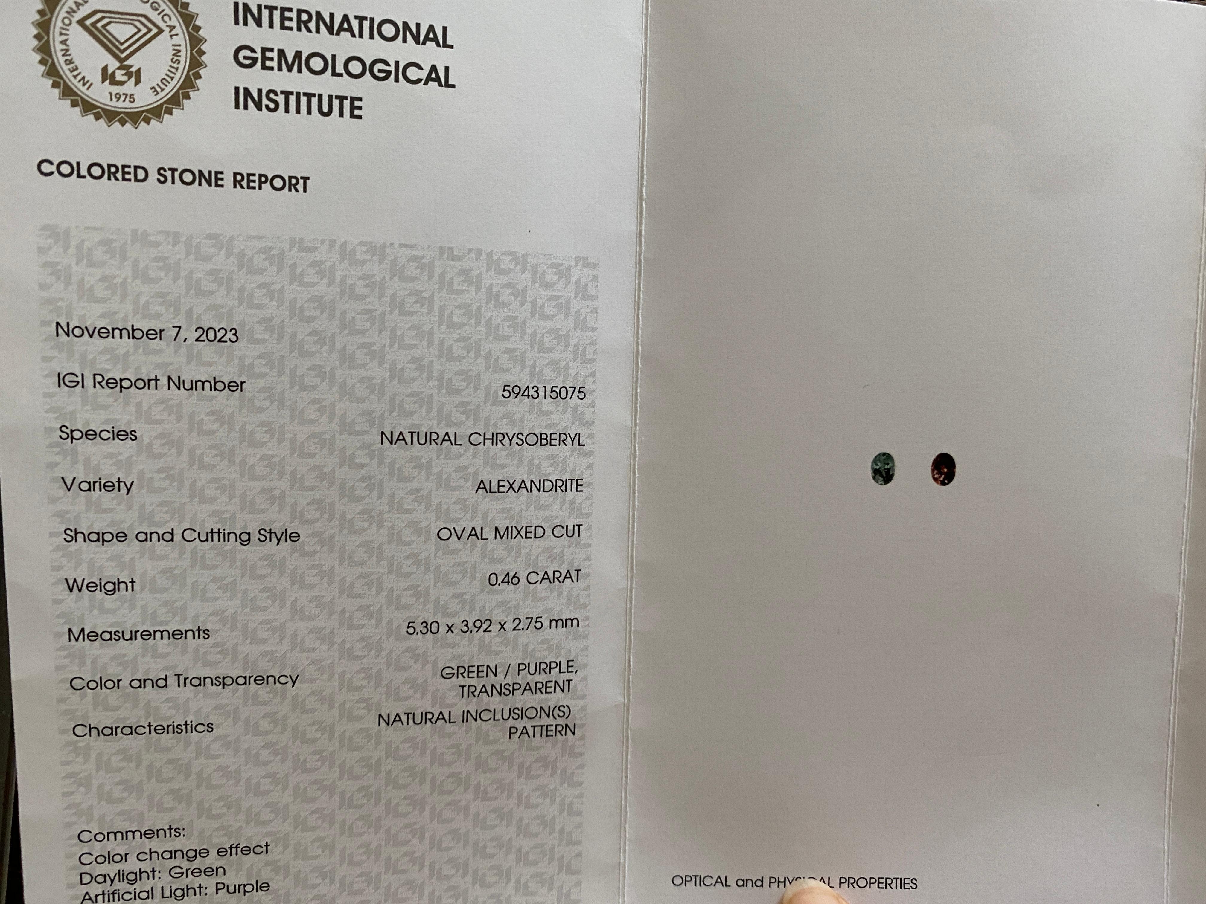 IGI  Report Orecchini in oro giallo con alessandrite e diamanti da 0,92 carati Nature in vendita 10