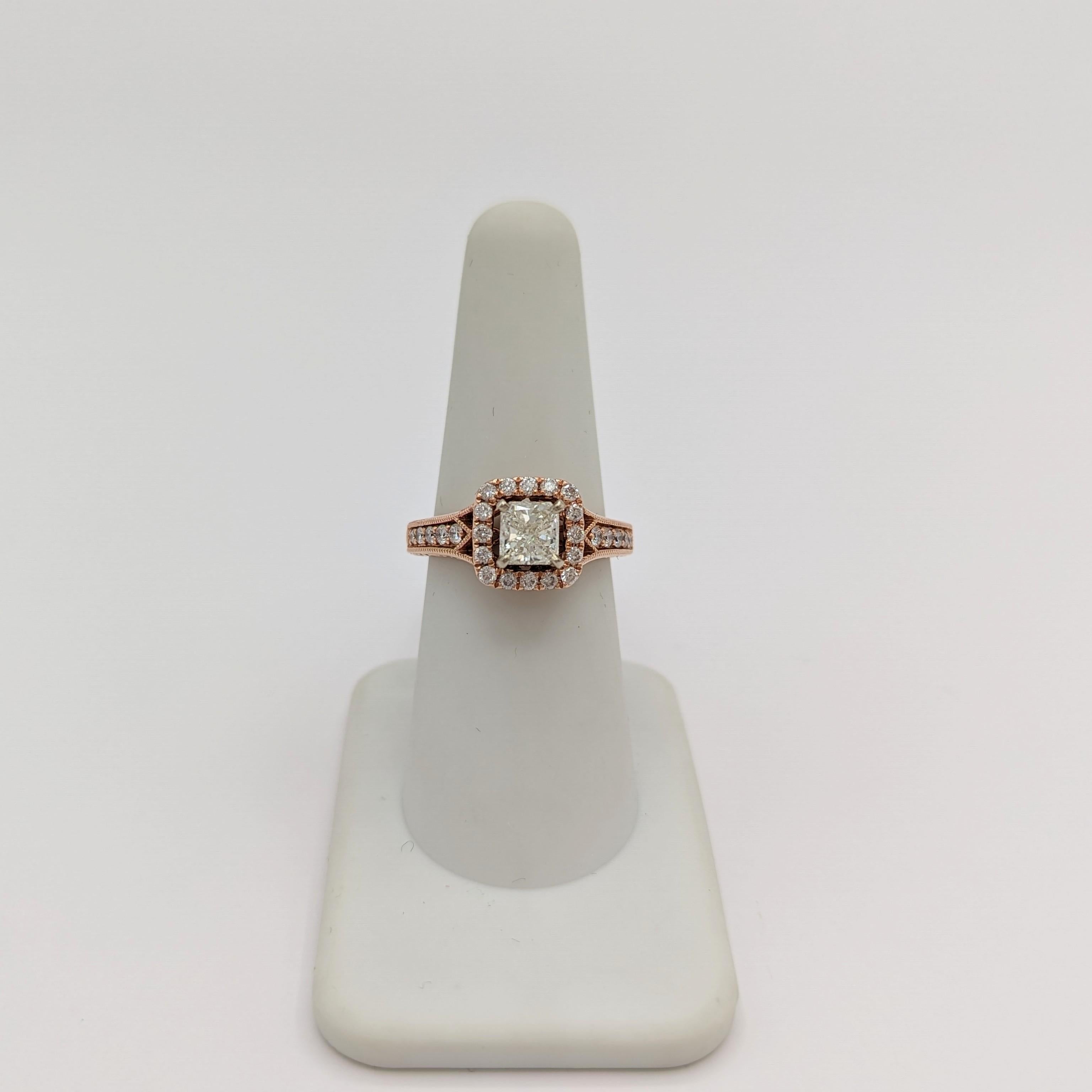 IGI White Diamond Radiant Engagement Ring in 14K Rose Gold In New Condition For Sale In Los Angeles, CA