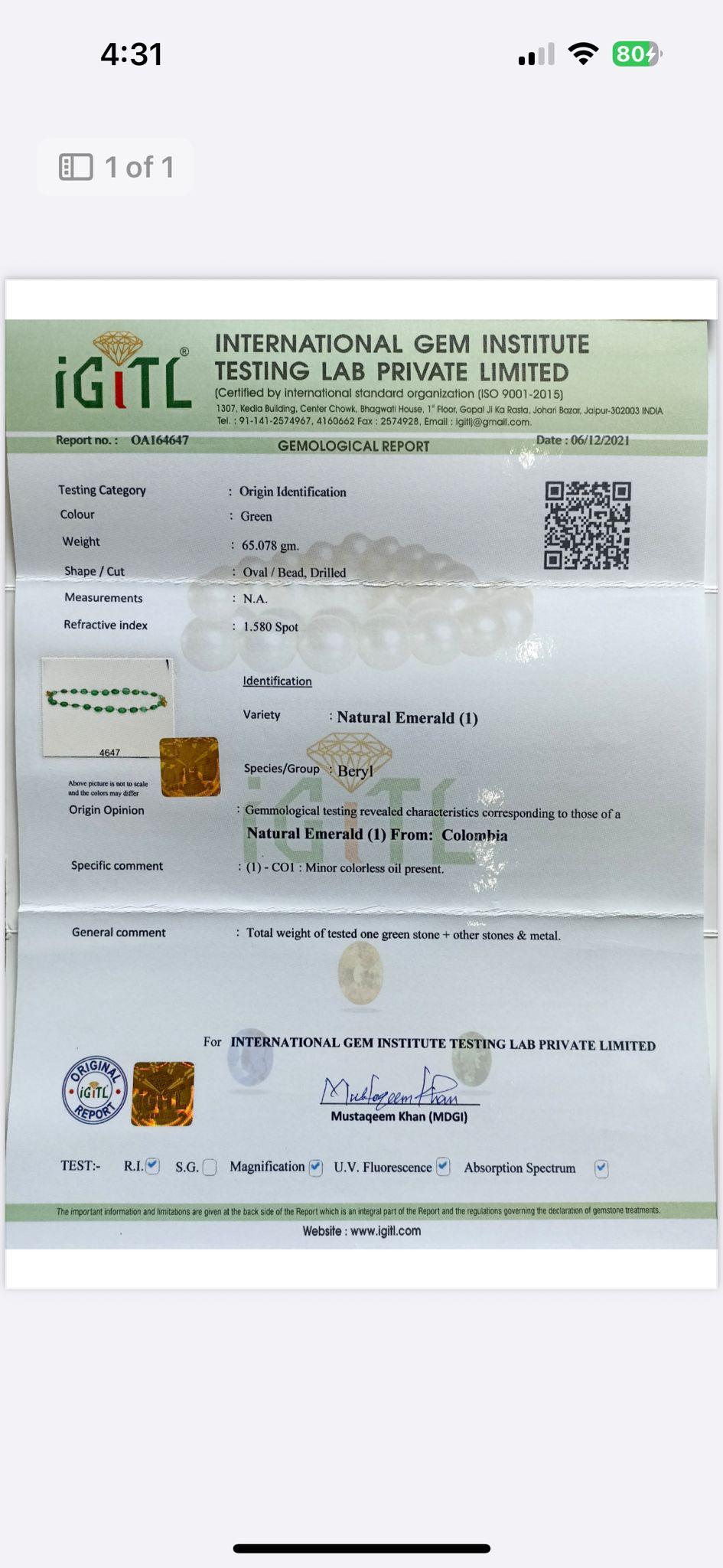 IGITL Certificado 250 quilates Antiguo Raro Collar Esmeralda Colombina Oro 22k 16