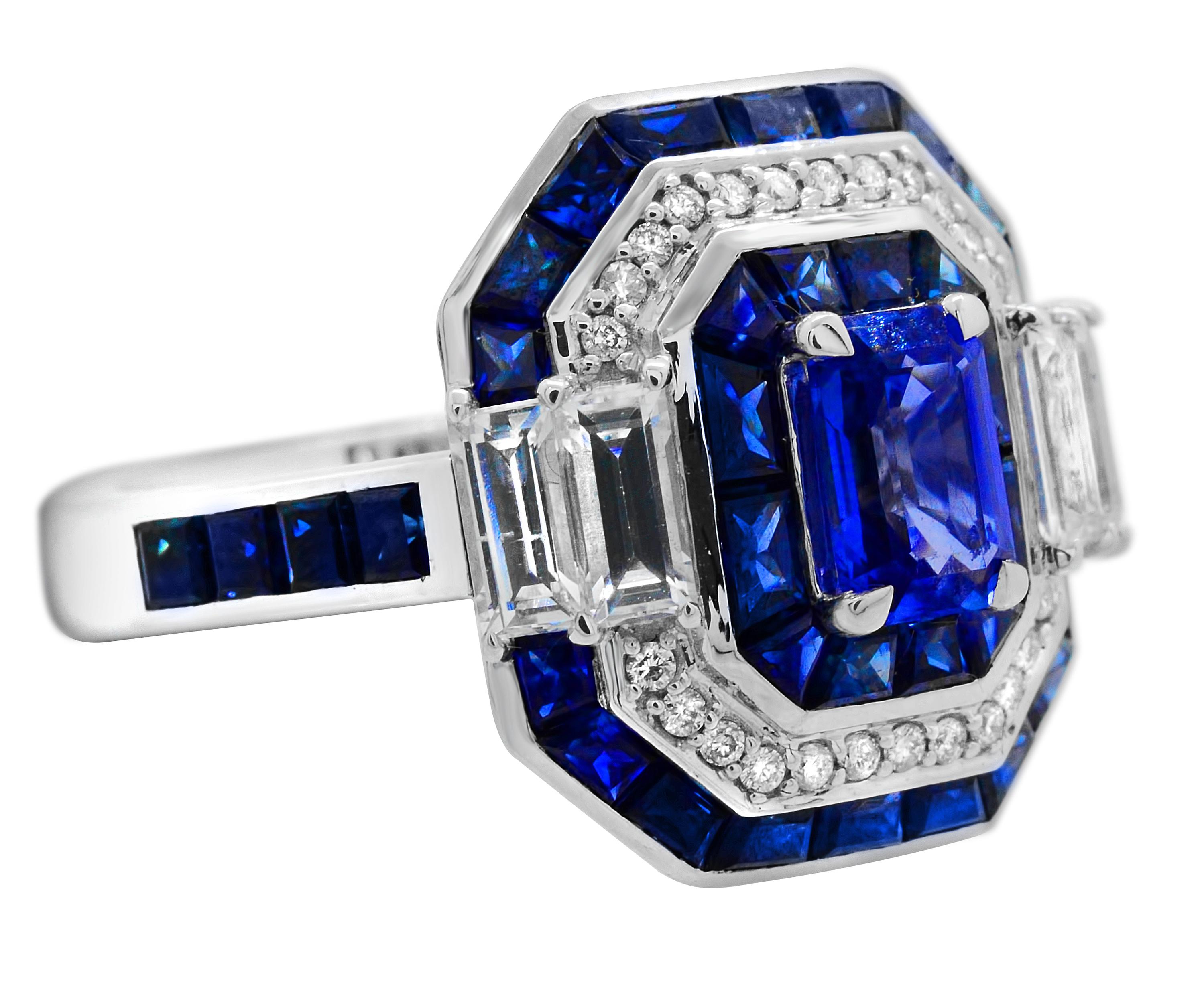 Women's 0.73 Carat Emerald Cut Ceylon Sapphire 14Karat White Gold Octagon Cocktail Ring For Sale