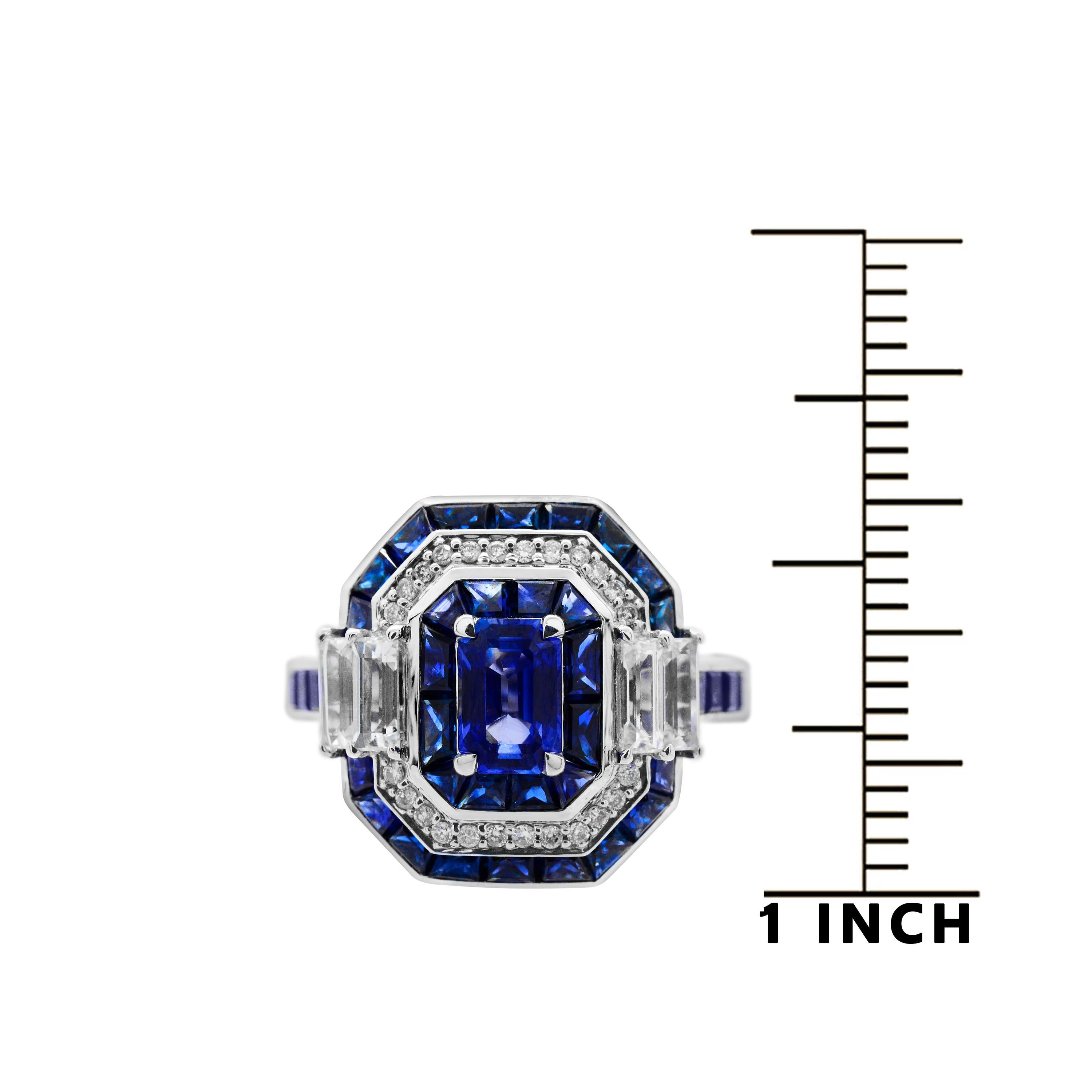 0.73 Carat Emerald Cut Ceylon Sapphire 14Karat White Gold Octagon Cocktail Ring For Sale 1