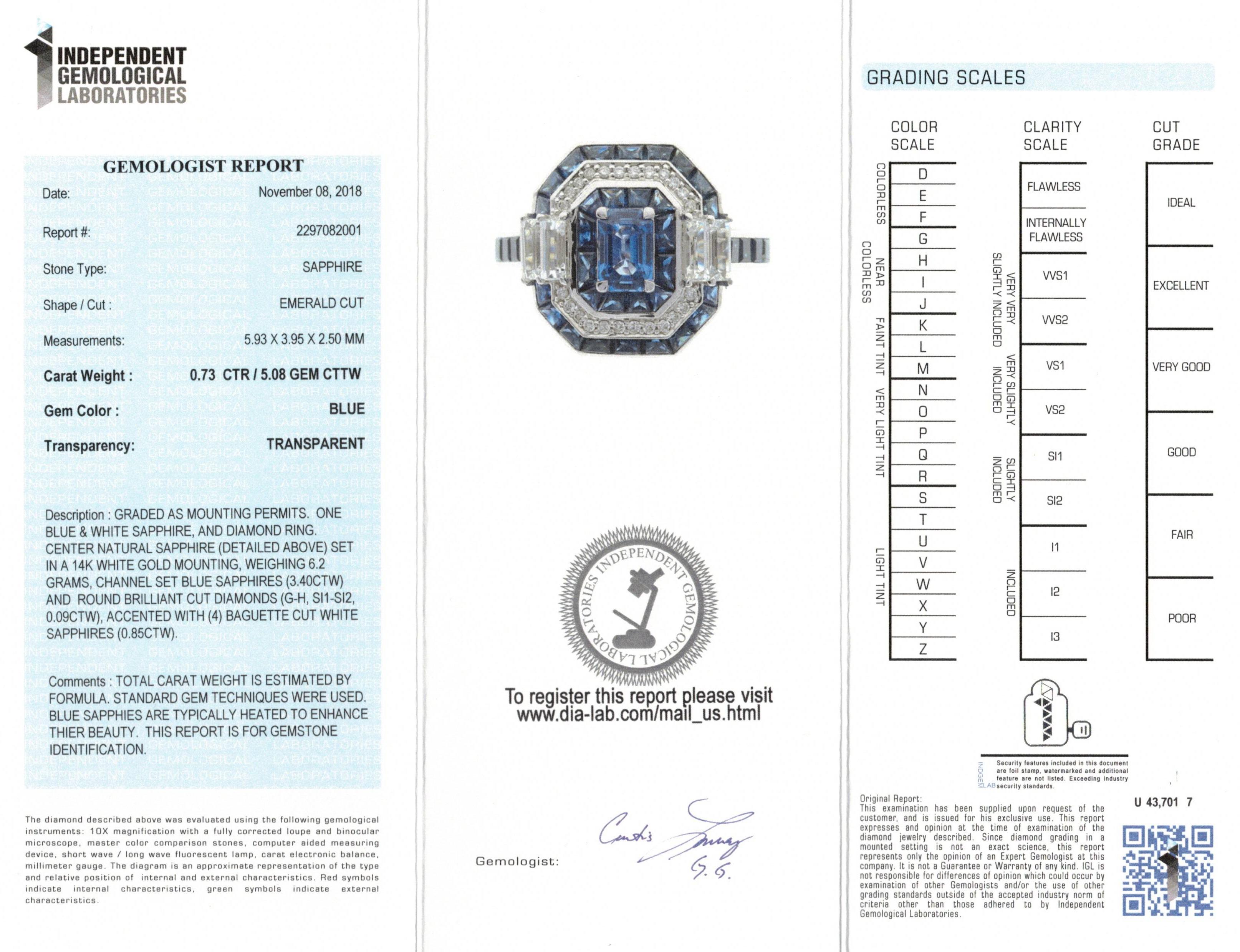 0.73 Carat Emerald Cut Ceylon Sapphire 14Karat White Gold Octagon Cocktail Ring For Sale 2