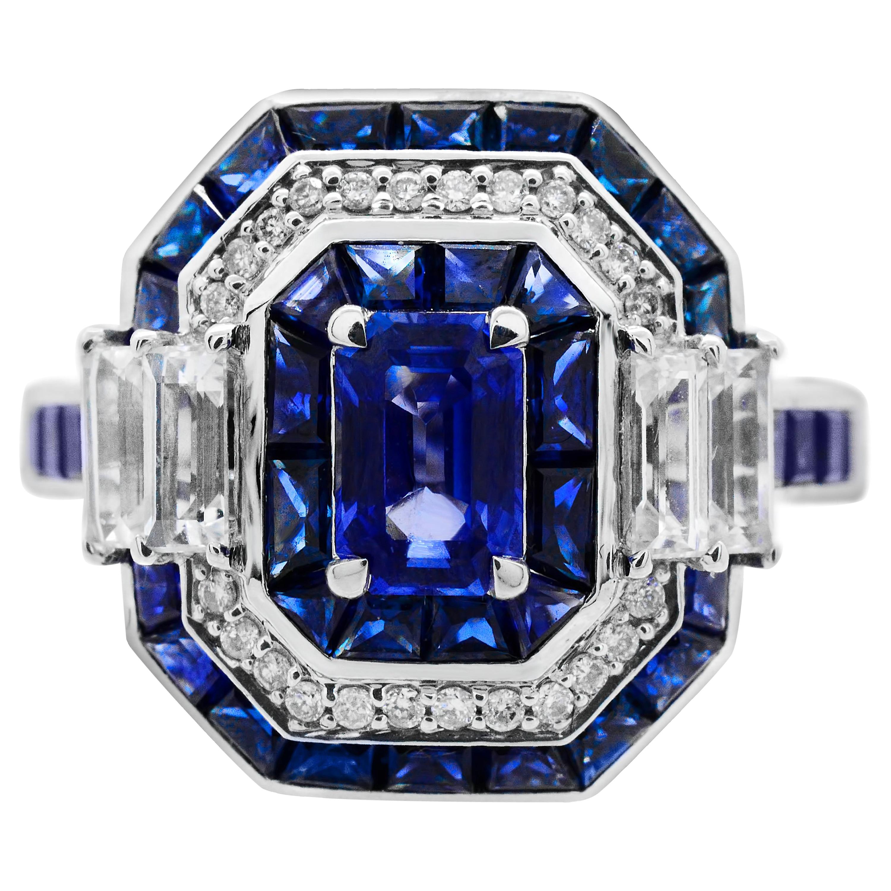 0.73 Carat Emerald Cut Ceylon Sapphire 14Karat White Gold Octagon Cocktail Ring For Sale