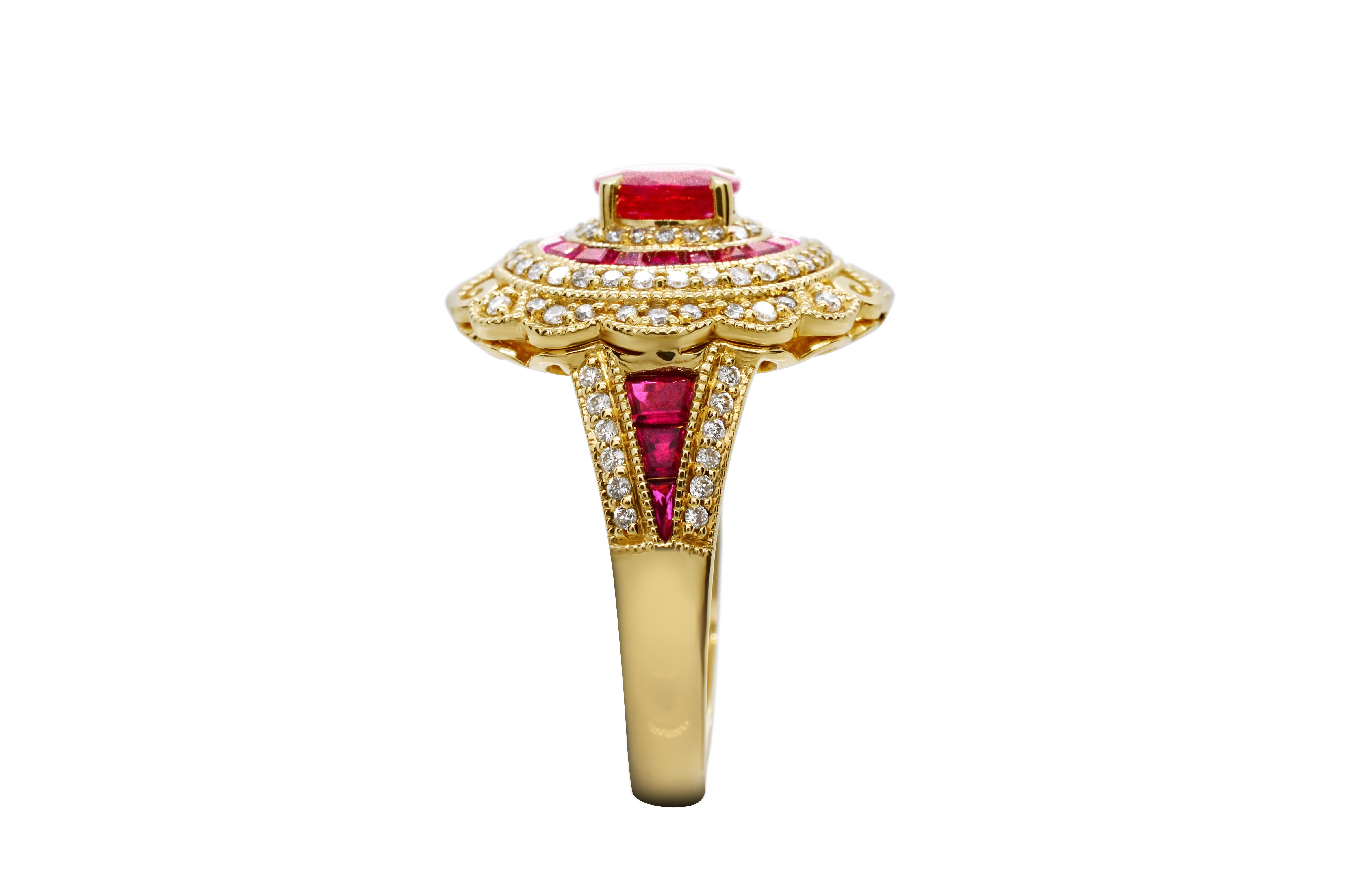 An exquisitely romantic vintage-inspire ruby cocktail ring.  Filigree and milgrain are used throughout the entirety of this piece.  The center, natural oval ruby weights 0.76 carat and the tapered baguettes of varying sizes, weigh a total of 1.20