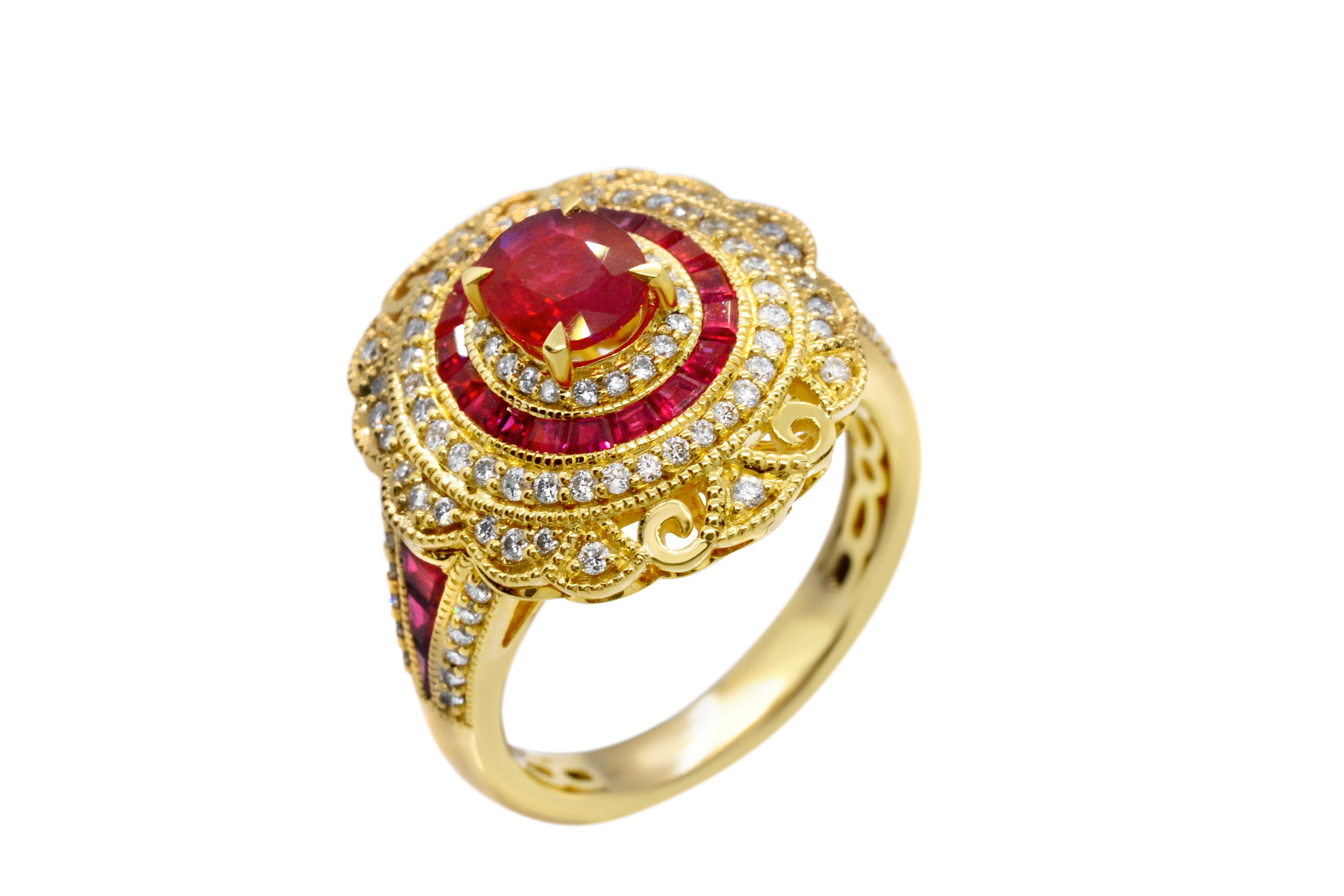 Contemporary 0.76 Carat Oval Ruby Baguette Diamond 14 Karat Yellow Gold Cocktail Ring For Sale