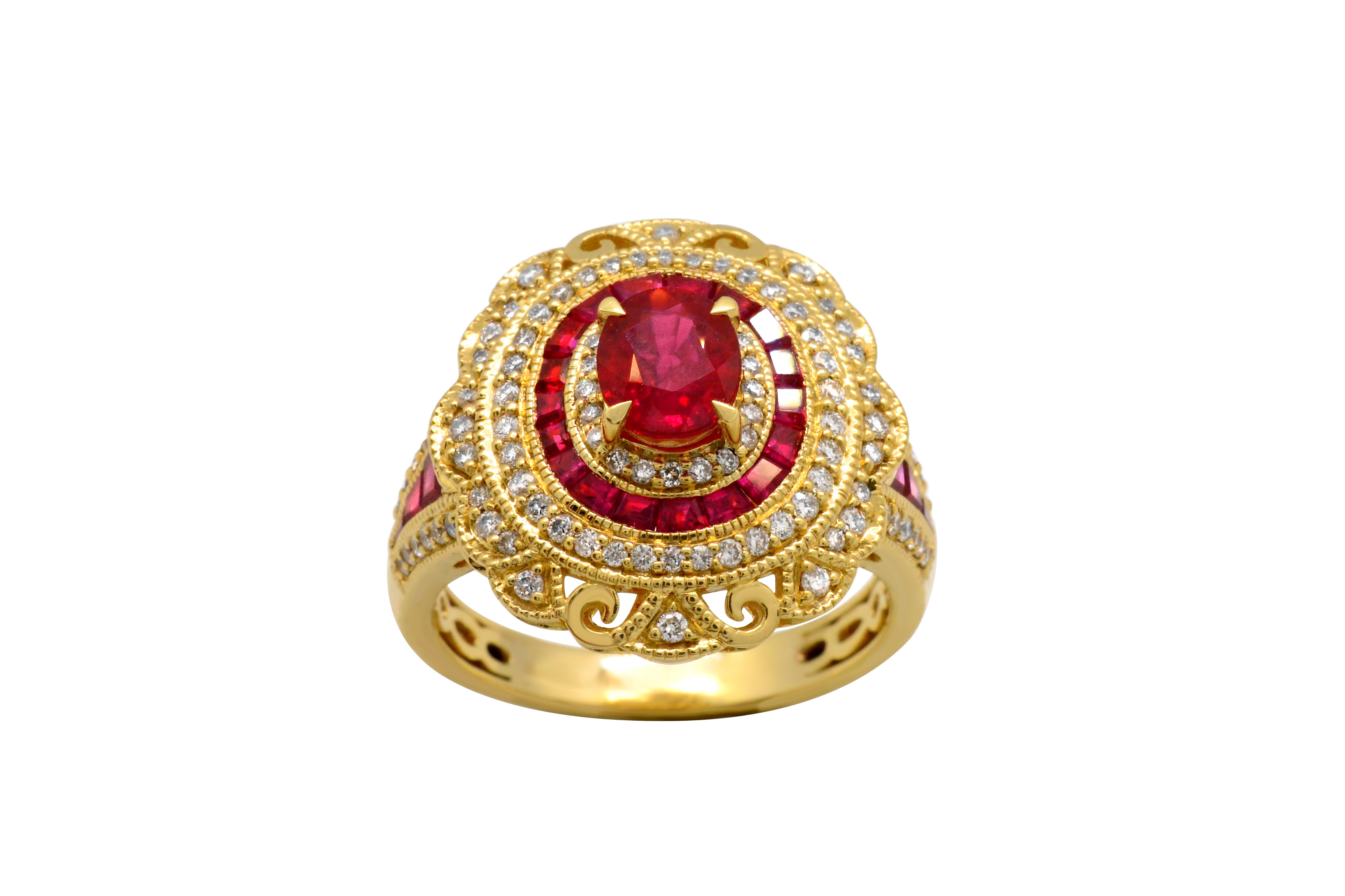 Oval Cut 0.76 Carat Oval Ruby Baguette Diamond 14 Karat Yellow Gold Cocktail Ring For Sale