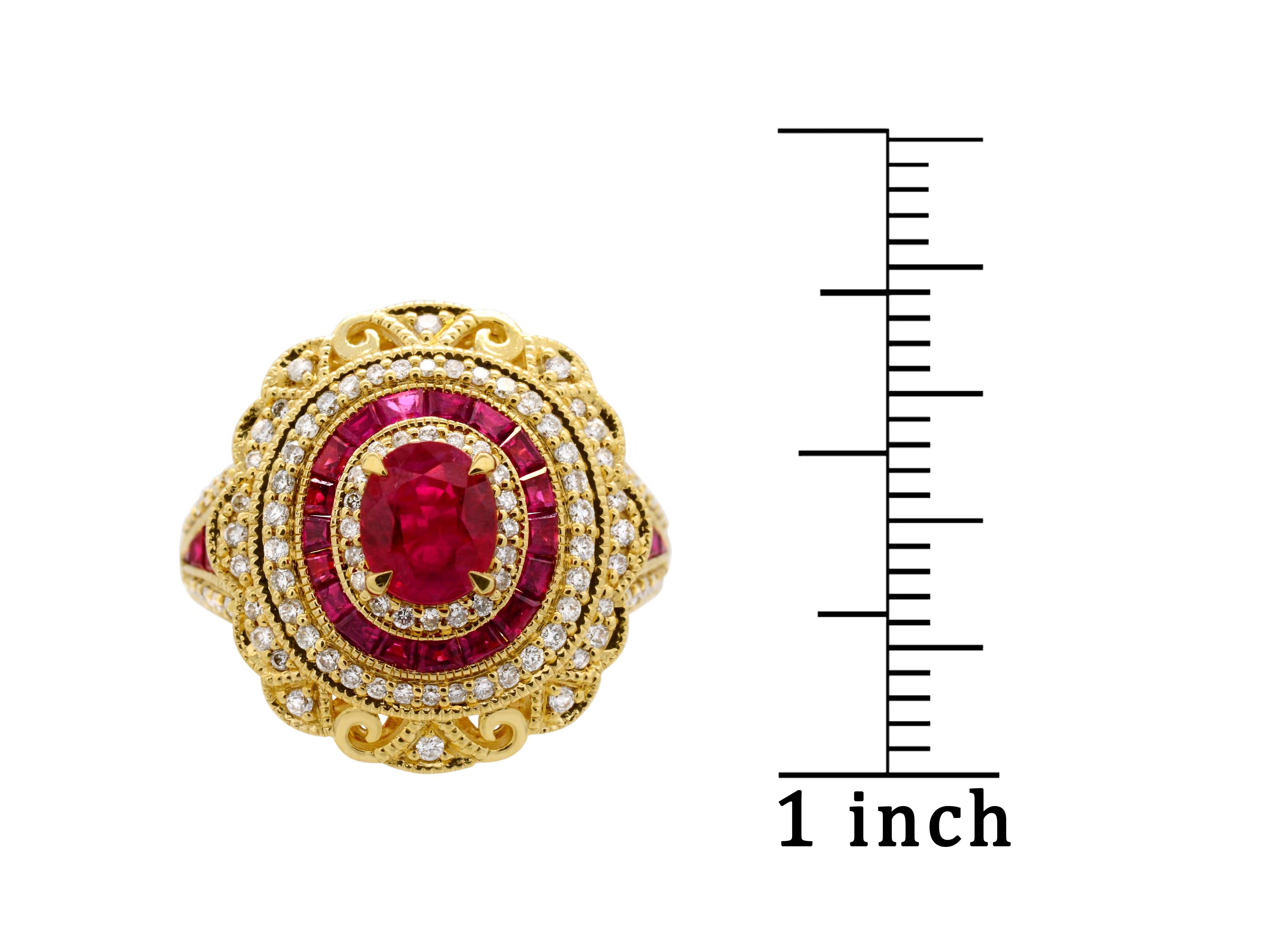 0.76 Carat Oval Ruby Baguette Diamond 14 Karat Yellow Gold Cocktail Ring In New Condition For Sale In New York, NY