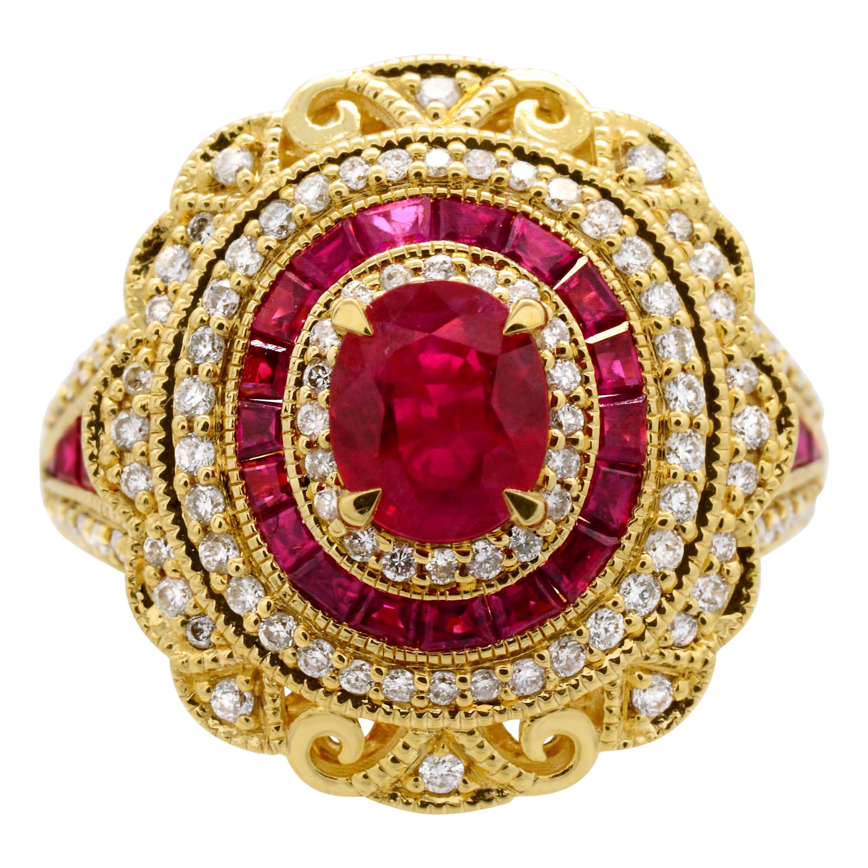 0.76 Carat Oval Ruby Baguette Diamond 14 Karat Yellow Gold Cocktail Ring For Sale